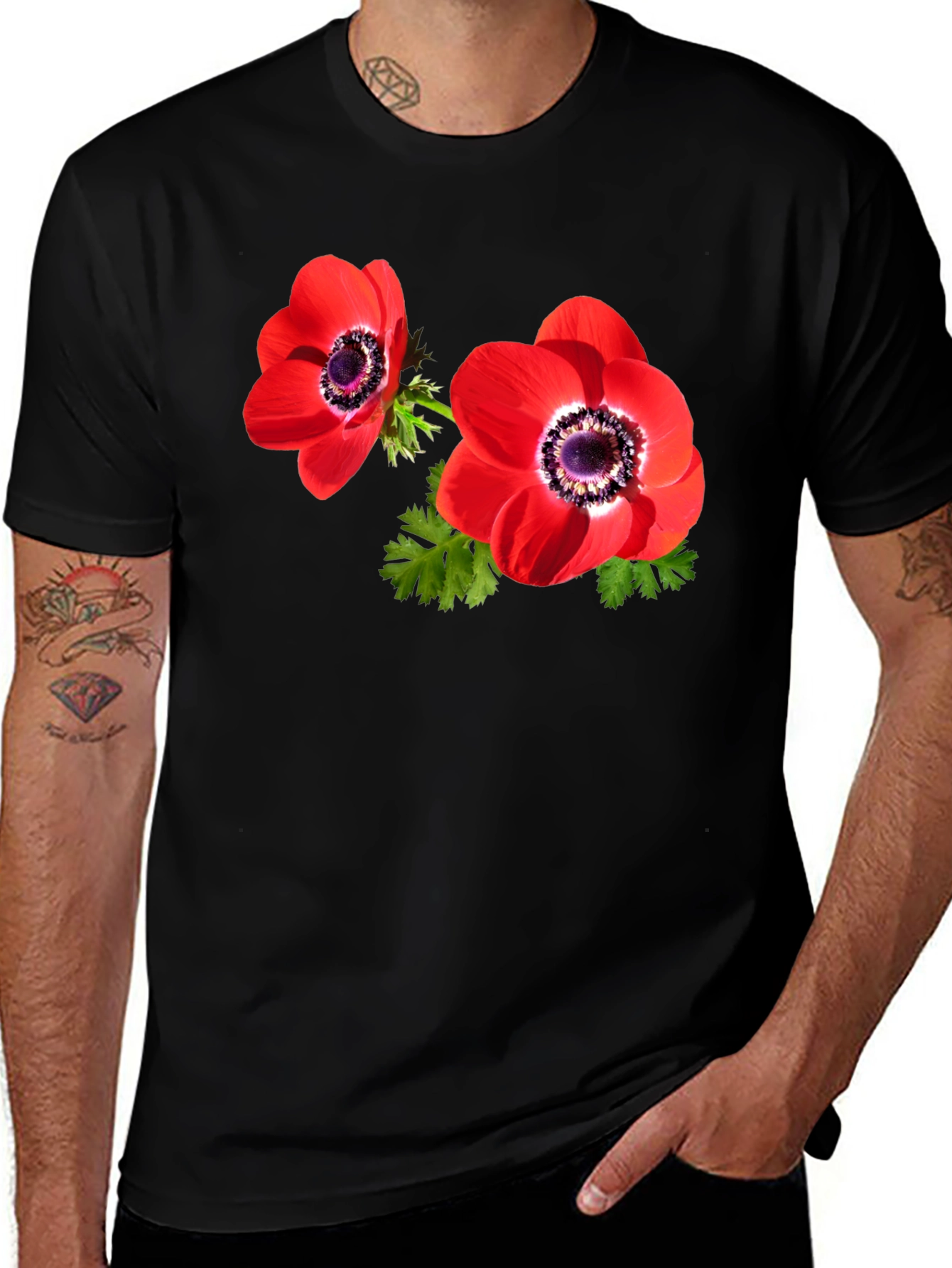 Variant 9 of Red Flower Graphic Black T-Shirt