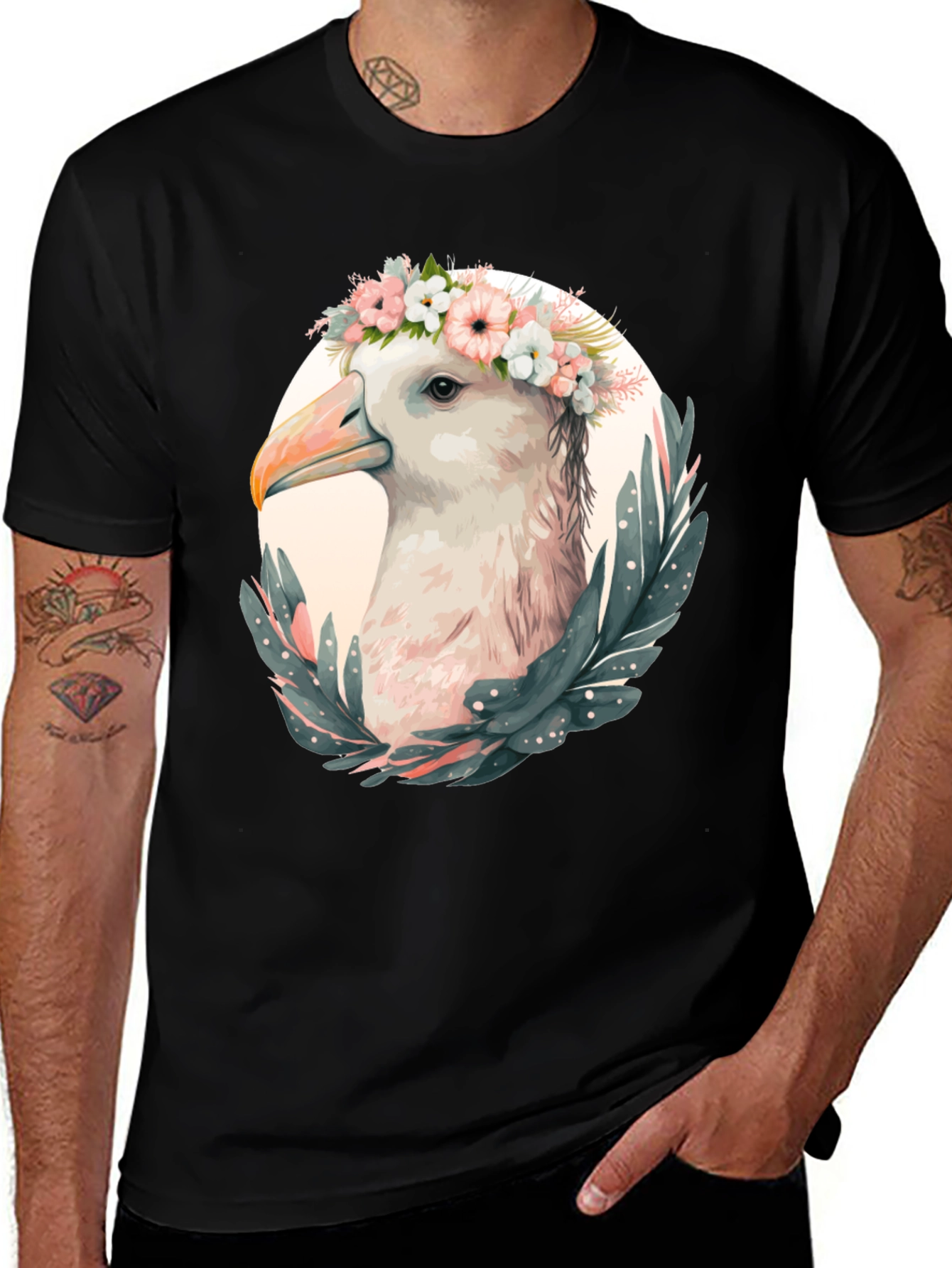 Variant 2 of Seagull Floral Wreath Graphic Black T-Shirt