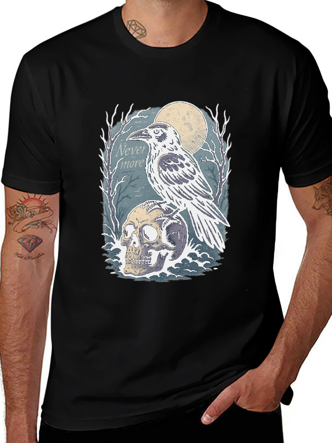 Variant 26 of Raven Skull Graphic Tee - Nevermore Gothic Shirt