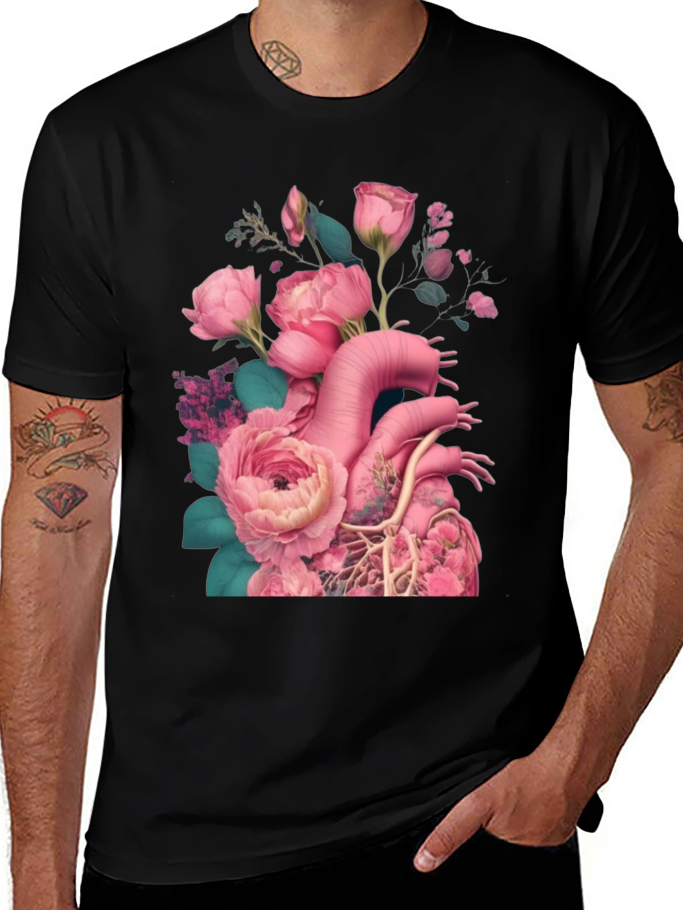 Variant 24 of Floral Heart Graphic Black T-Shirt