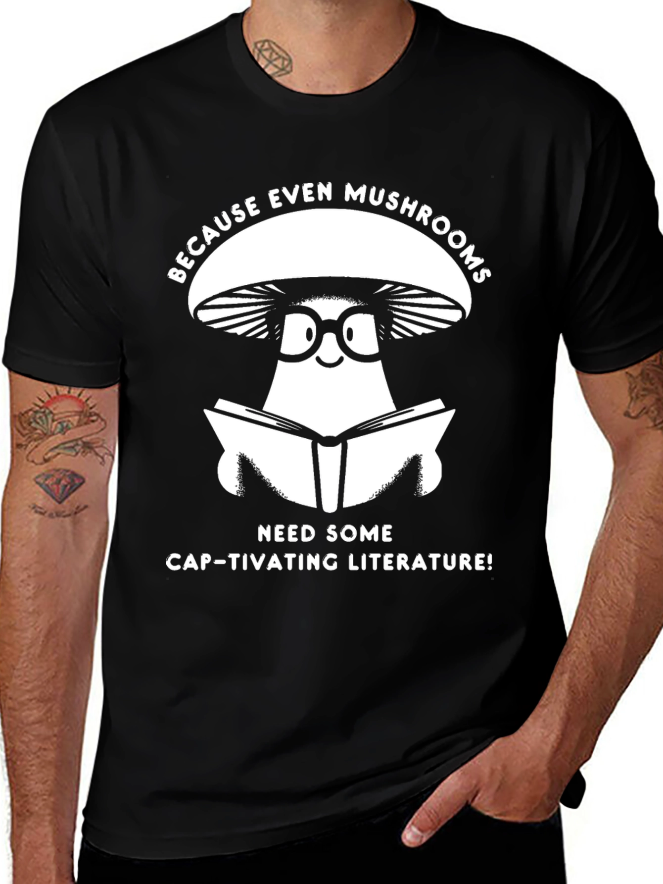 Variant 26 of Mushroom Bookworm T-Shirt - "Cap-tivating Literature"