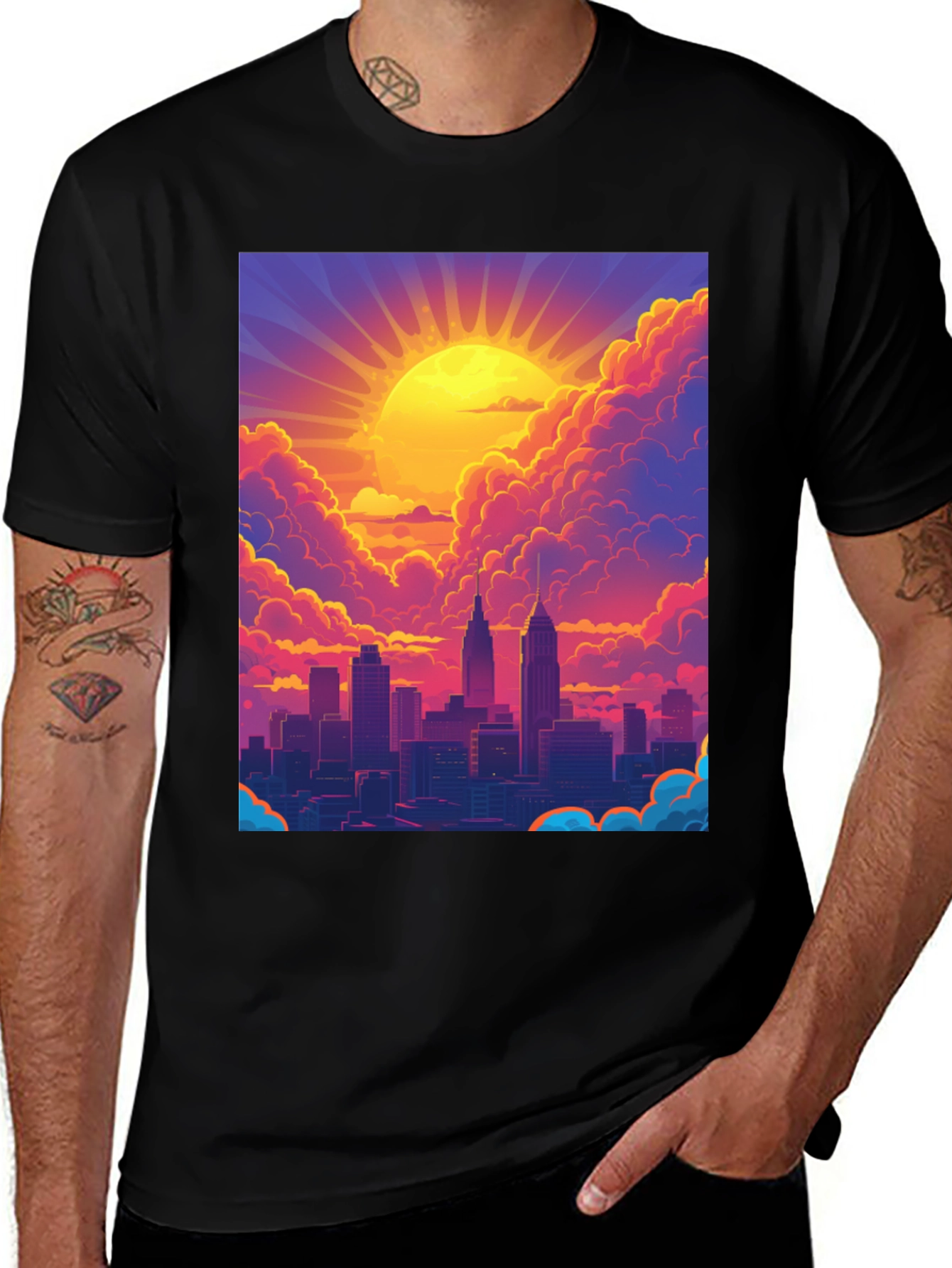 Variant 3 of Sunset Cityscape Graphic Tee - Modern Style