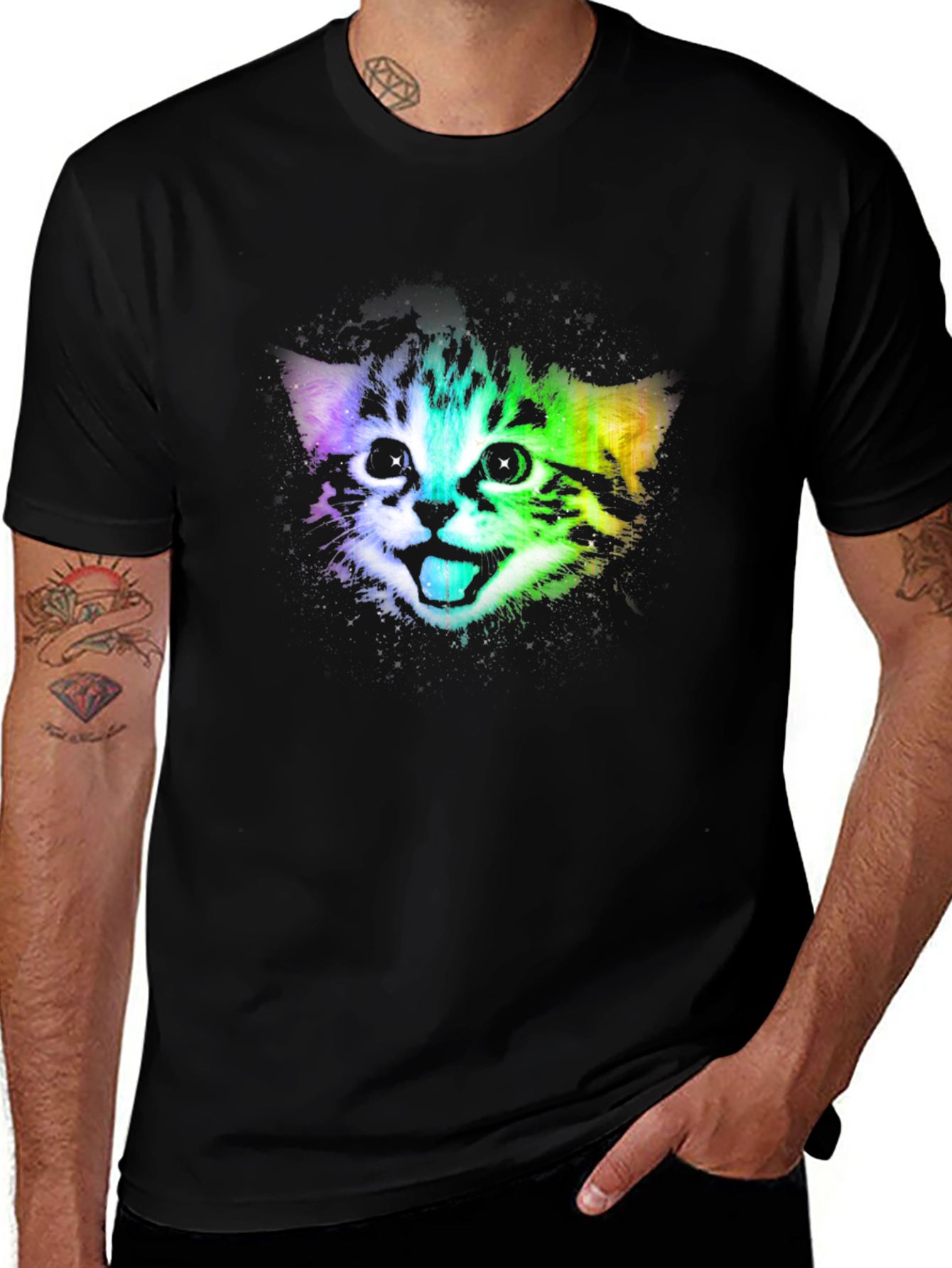 Variant 20 of Rainbow Kitten Graphic Tee - Men's Black T-Shirt