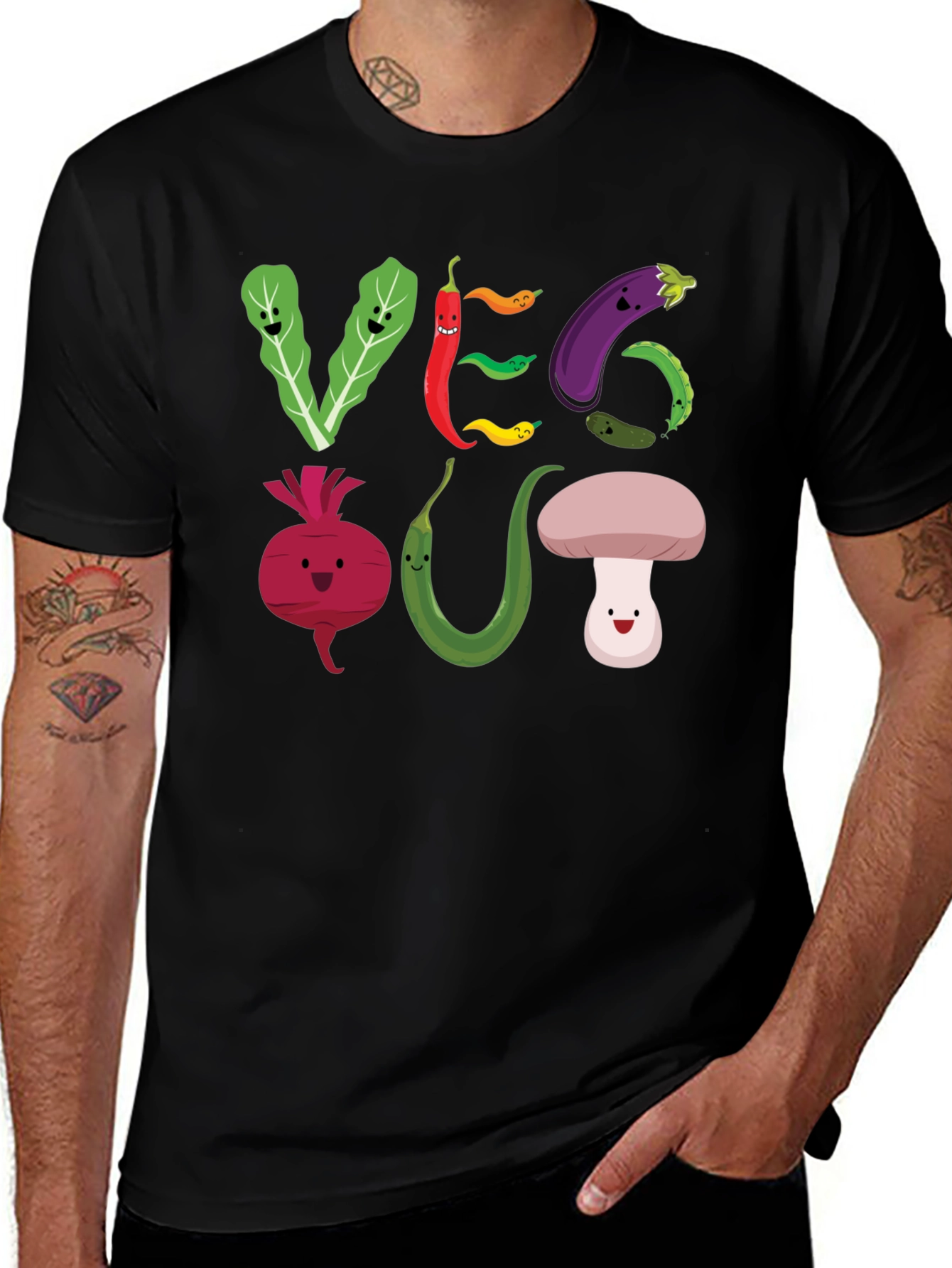 Black Veg Out T-Shirt - Cute Cartoon Vegetables main image