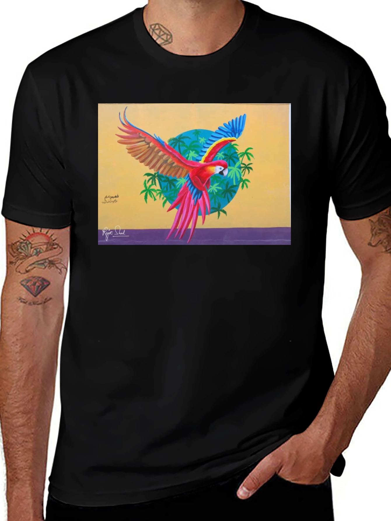 Black Tropical Parrot Graphic Tee - Vivid Art Print main image