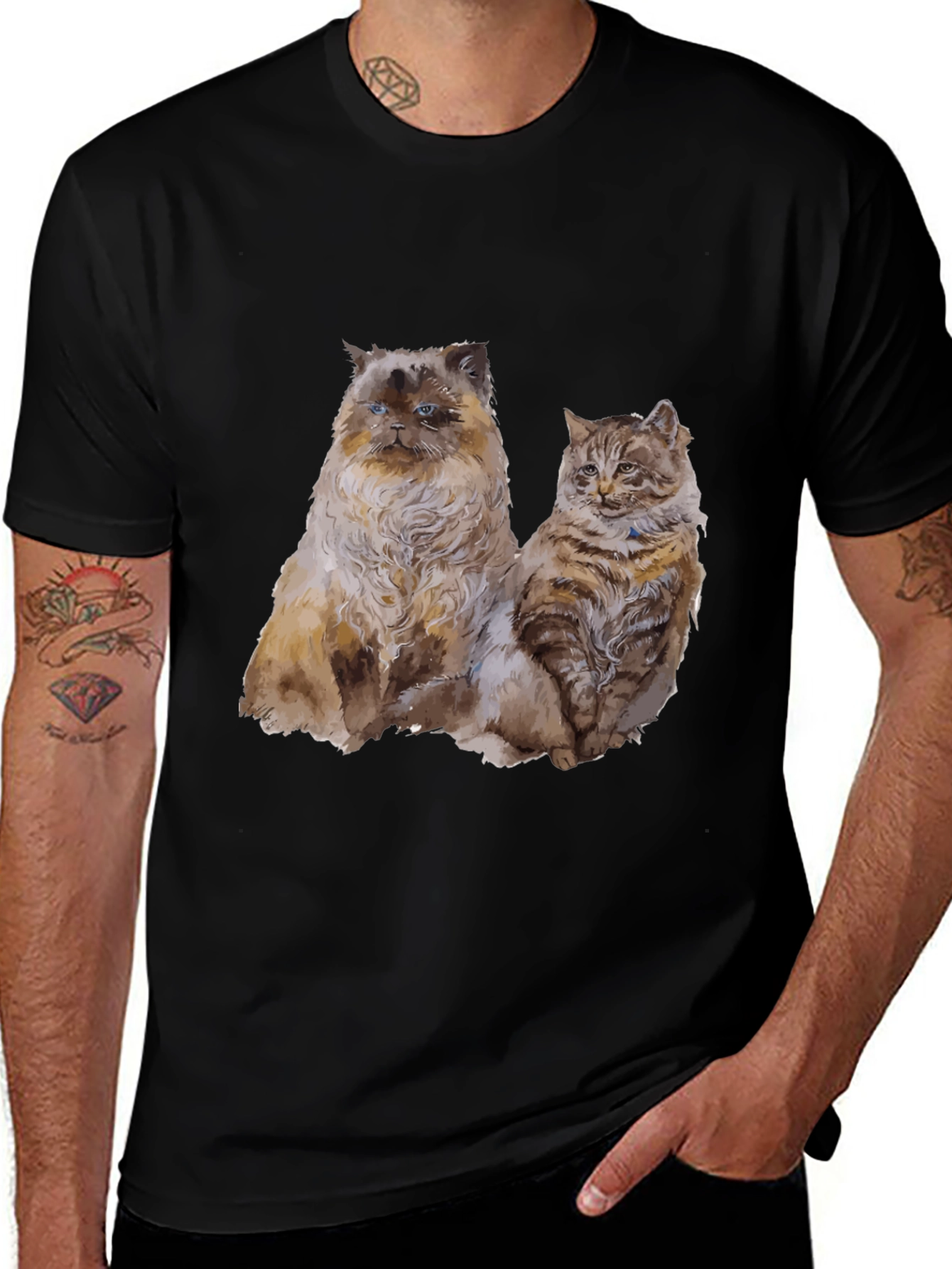 Variant 17 of Watercolor Cats Graphic Black T-Shirt