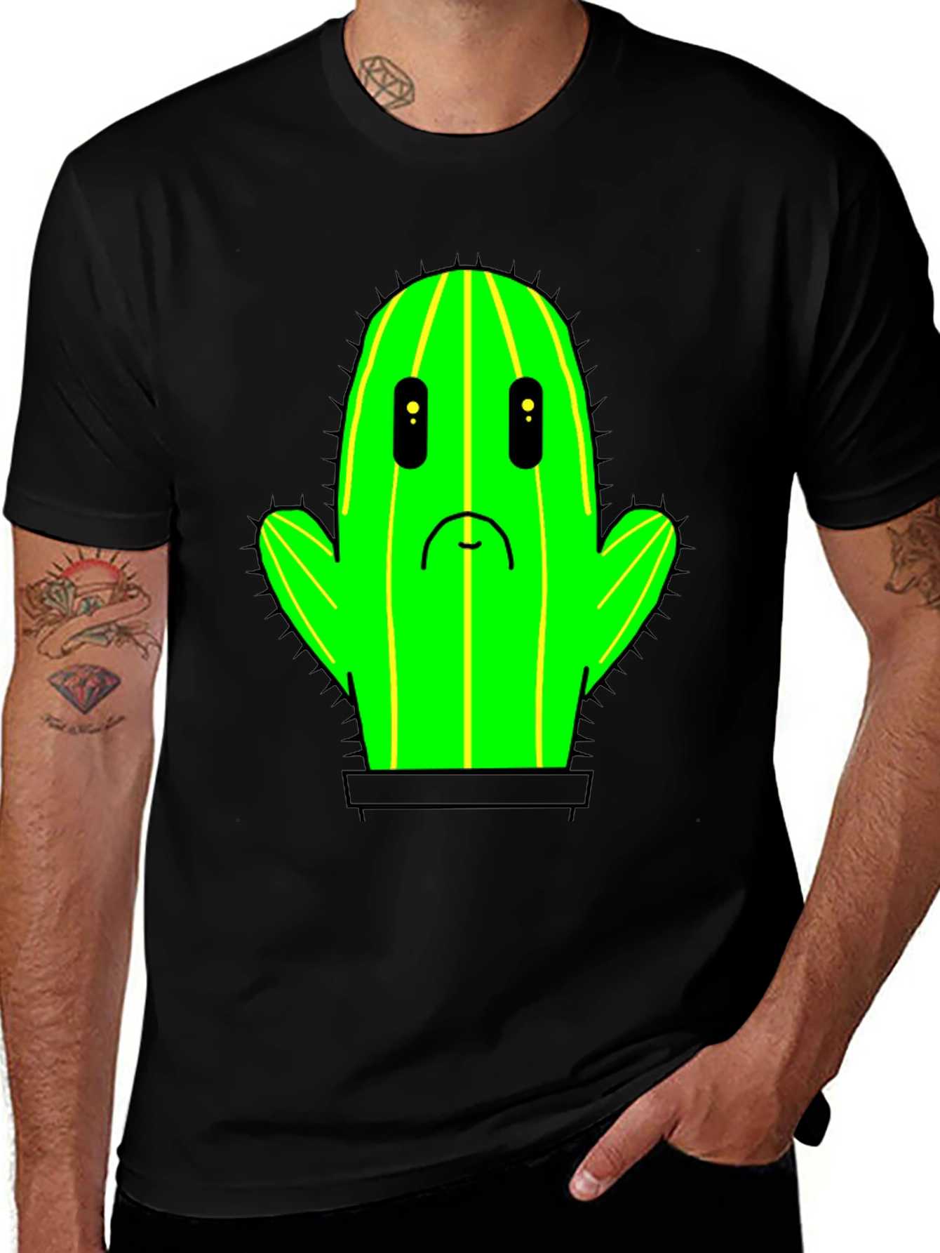 Variant 20 of Sad Cactus T-Shirt - Black Cotton Graphic Tee