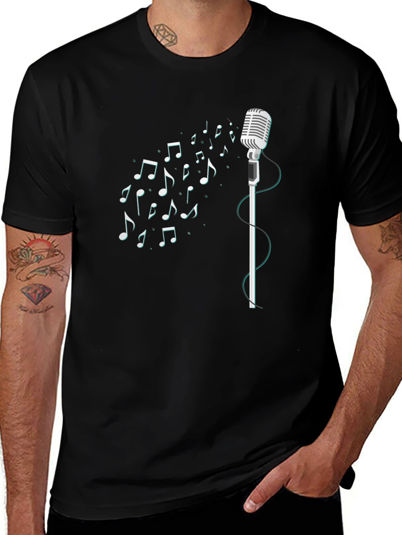 Vintage Microphone & Music Notes Graphic T-Shirt