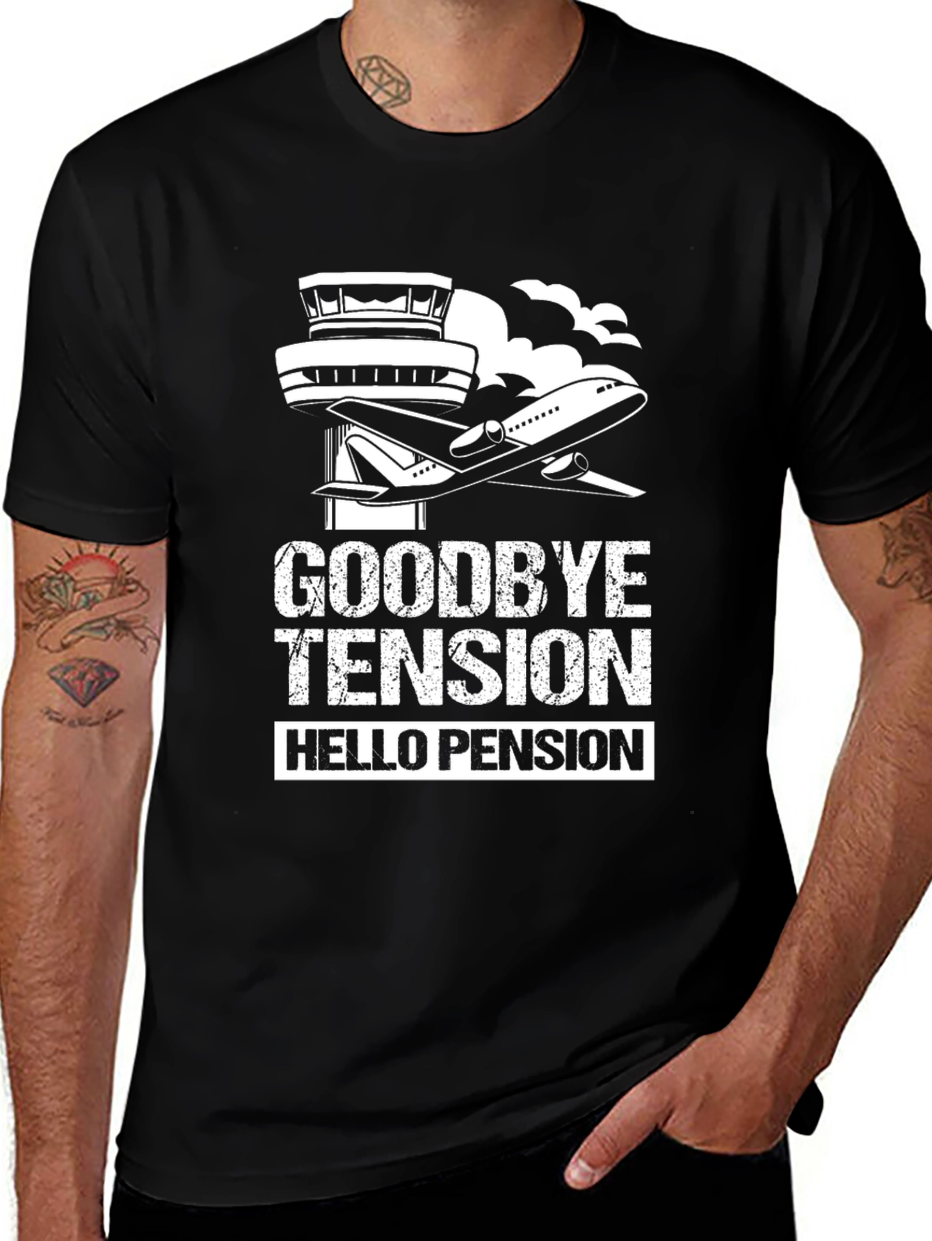 Variant 17 of Goodbye Tension Hello Pension Pilot Retirement T-Shirt