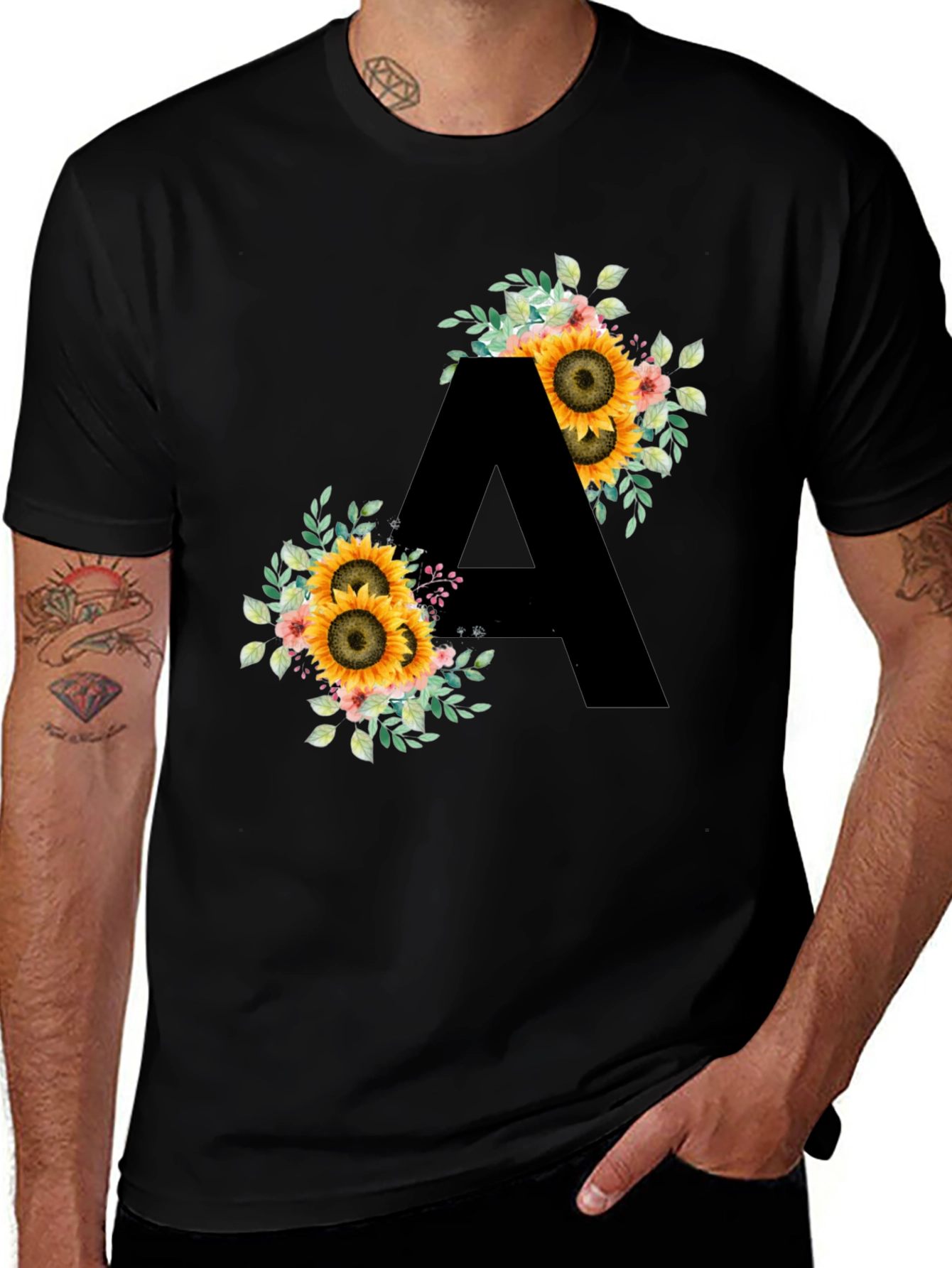 Variant 10 of Floral Sunflower Letter A Black T-Shirt