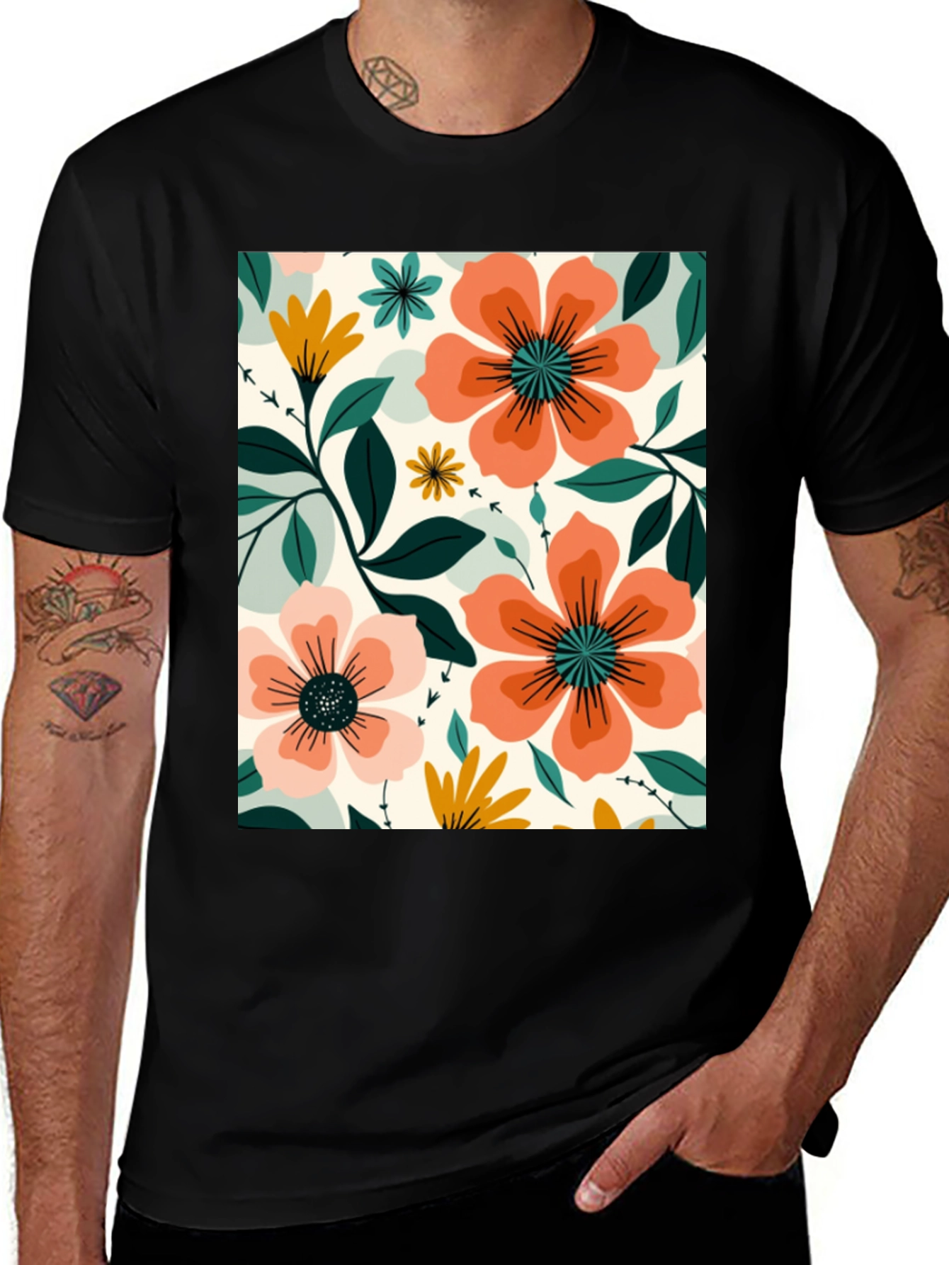 Variant 7 of Floral Pattern T-Shirt - Black Cotton Tee