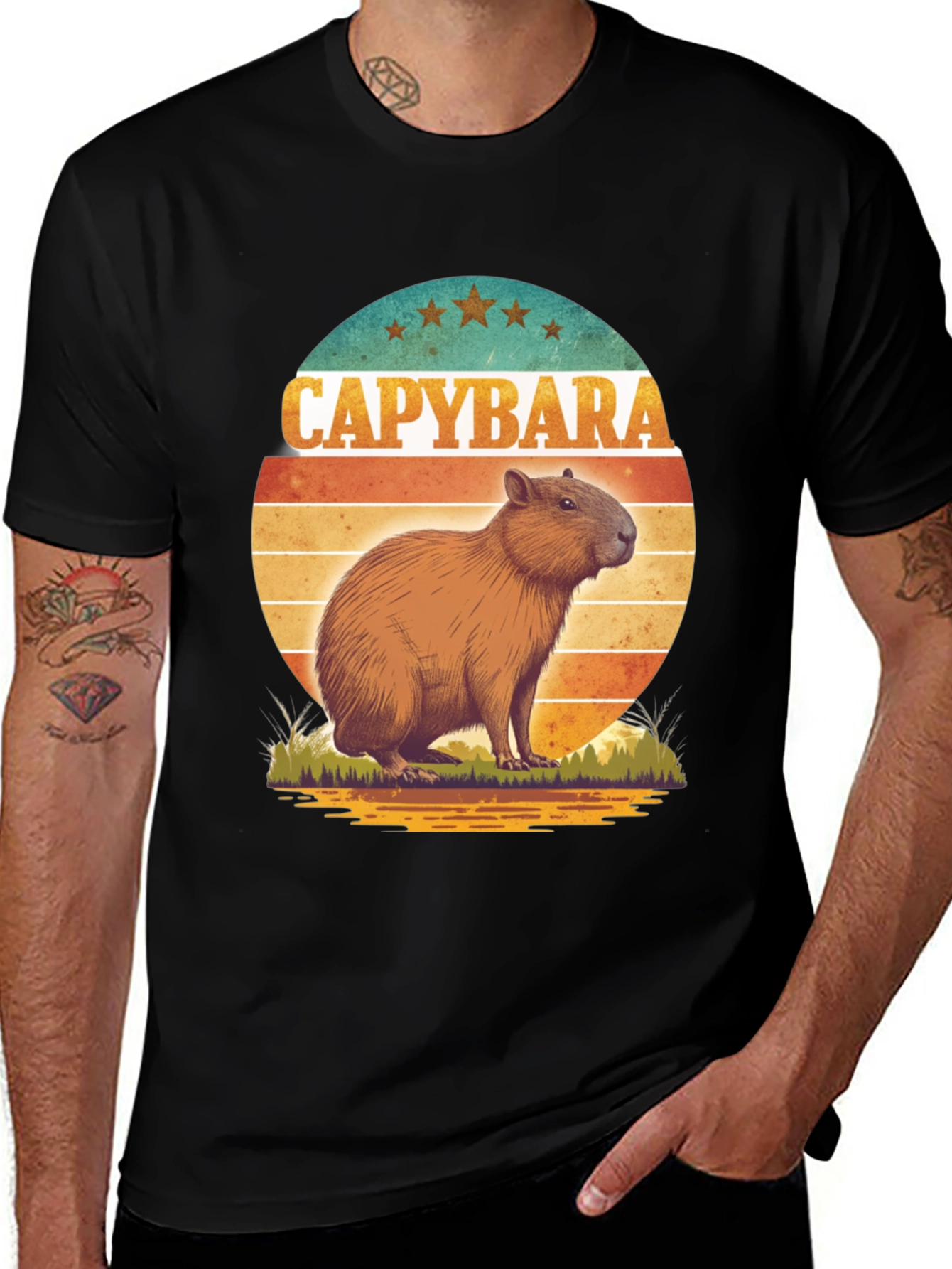 Variant 23 of Capybara Retro Sunset Graphic Tee