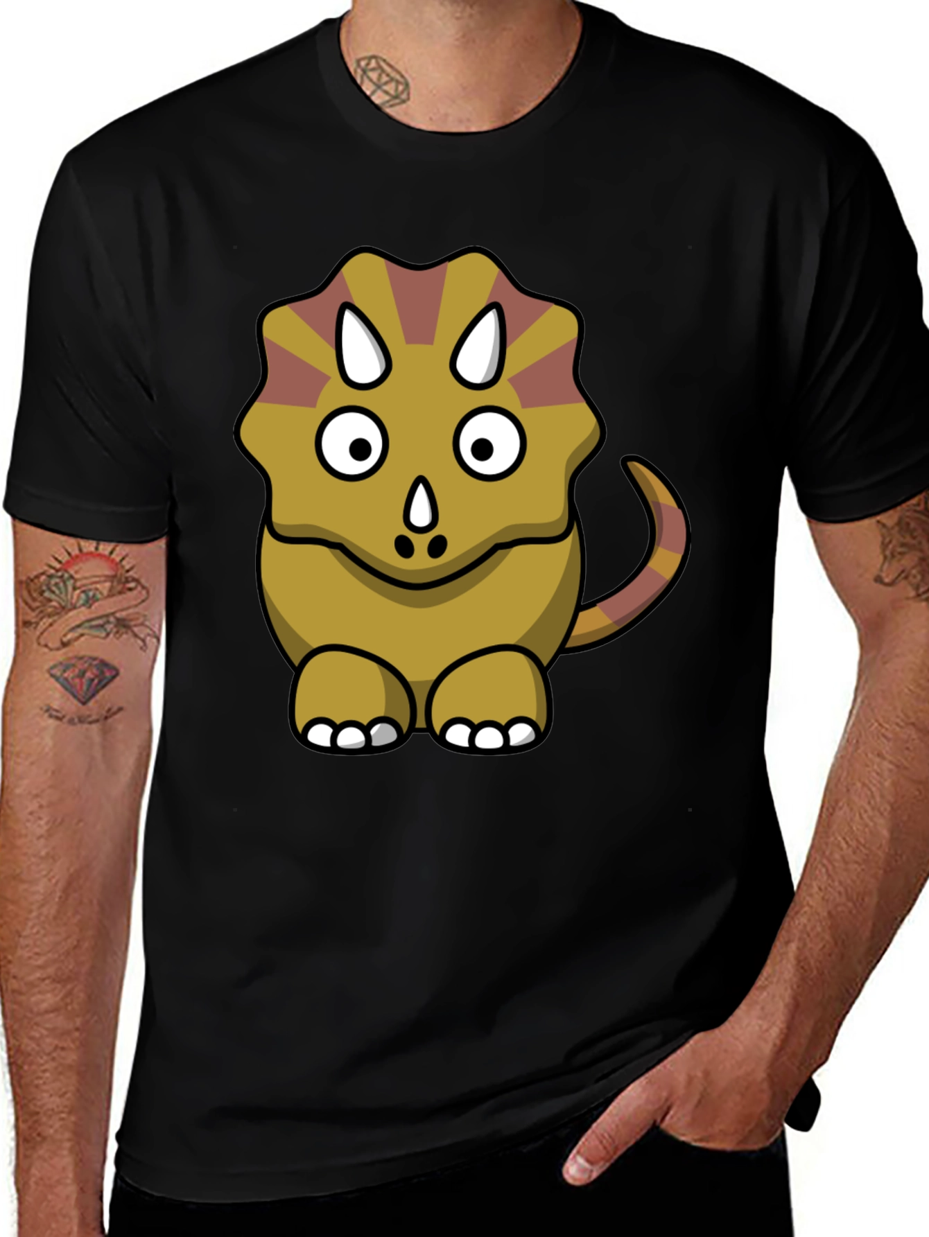 Cute Triceratops Cartoon Graphic Black T-Shirt