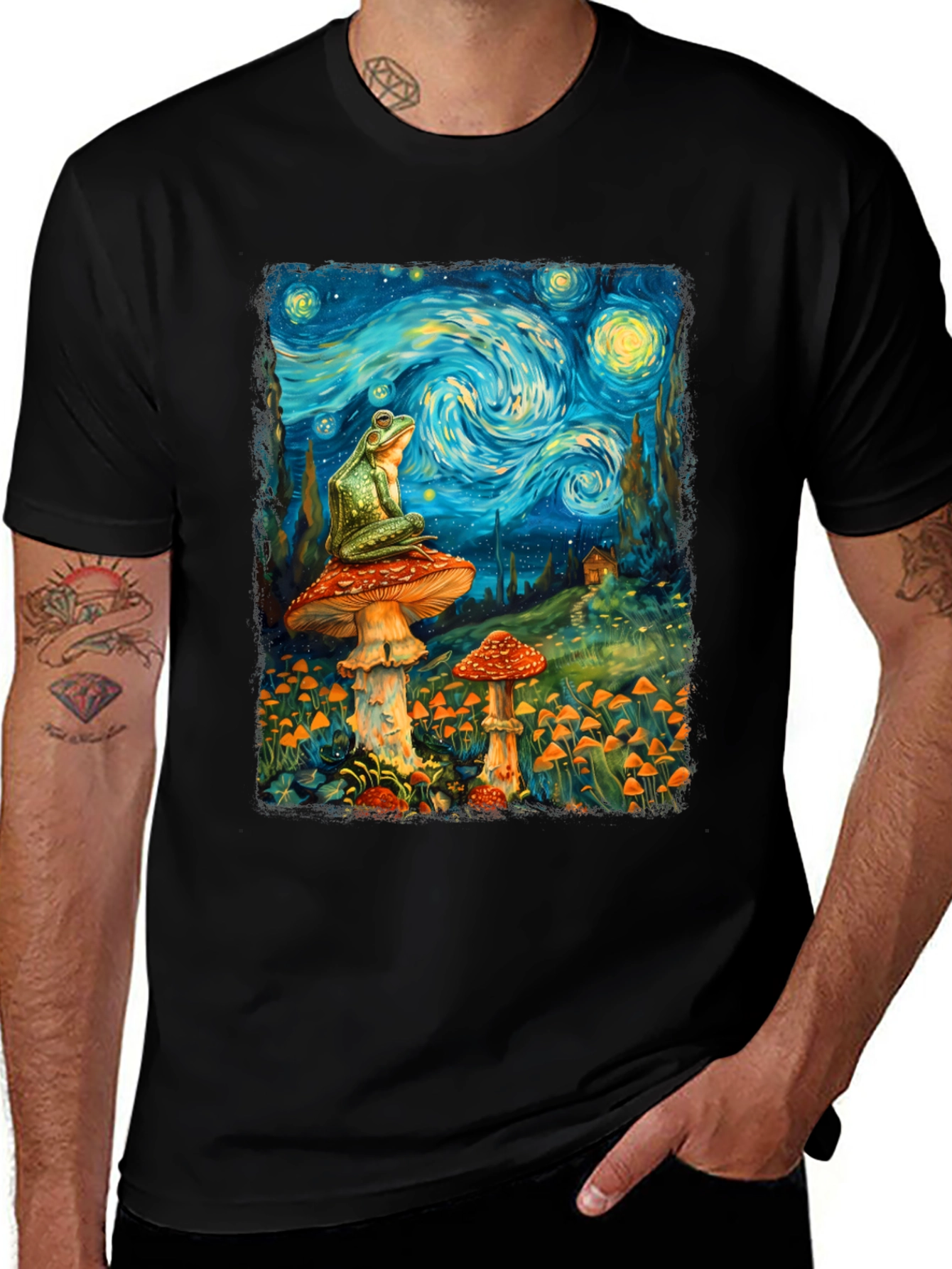 Froggy Starry Night T-Shirt - Artistic Toad on Mushroom