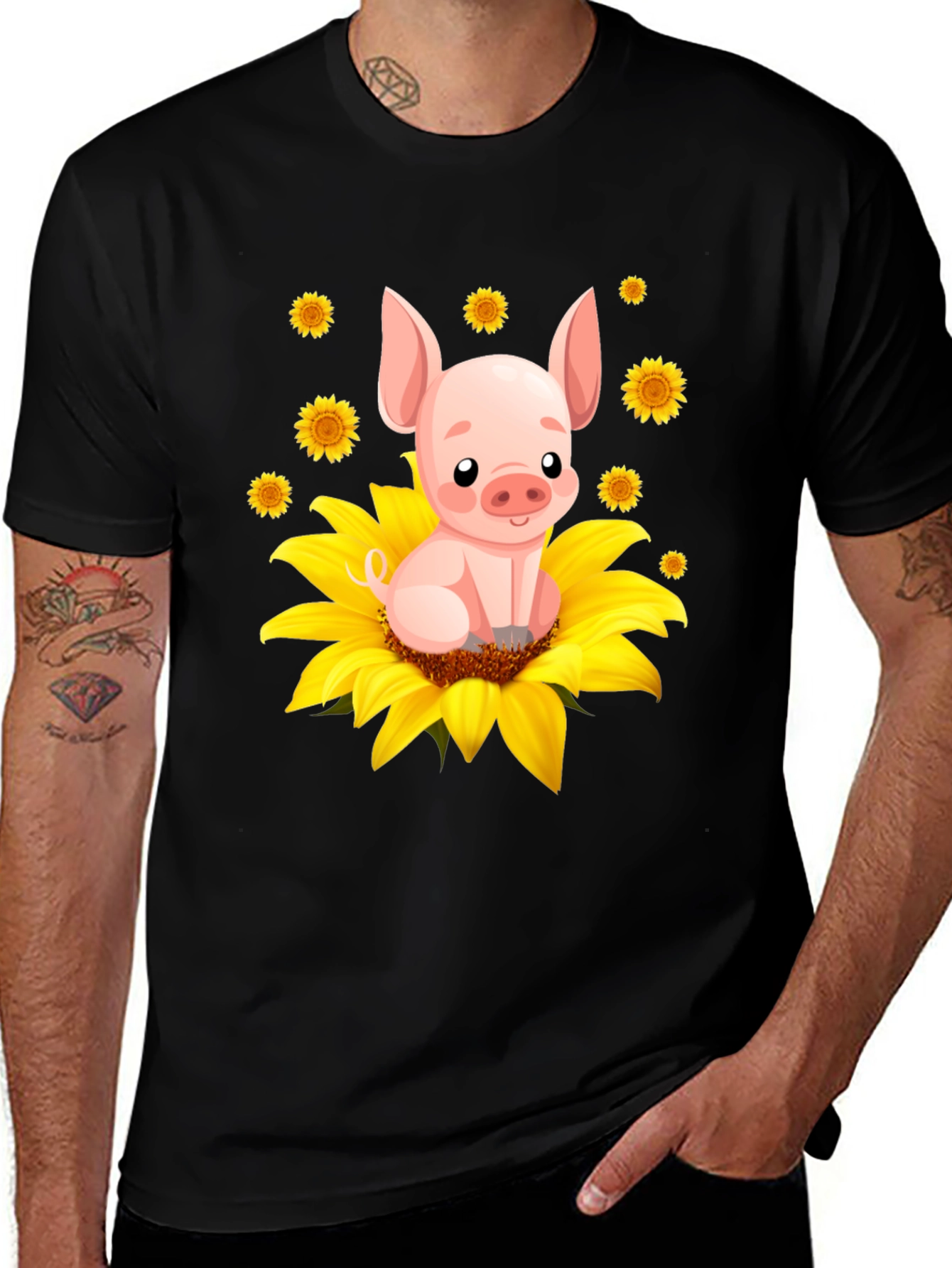 Variant 30 of Pig Sunflower Graphic Tee - Cute Animal Lover Shirt