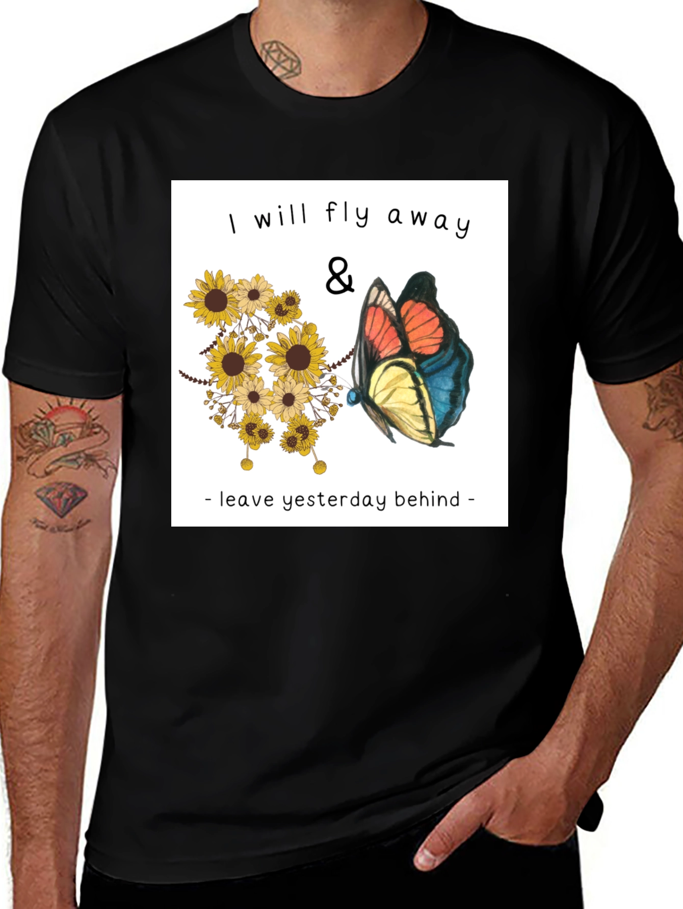 Fly Away Graphic Tee - Sunflowers & Butterfly