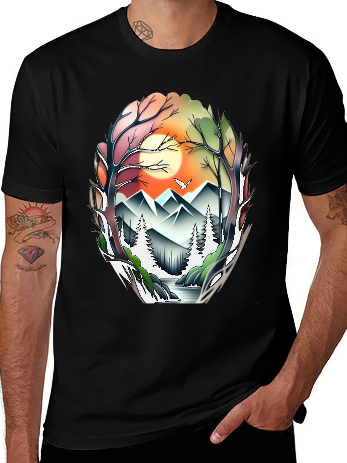 Variant 8 of Nature's Vista Graphic Tee - Mountain & Sunset Design