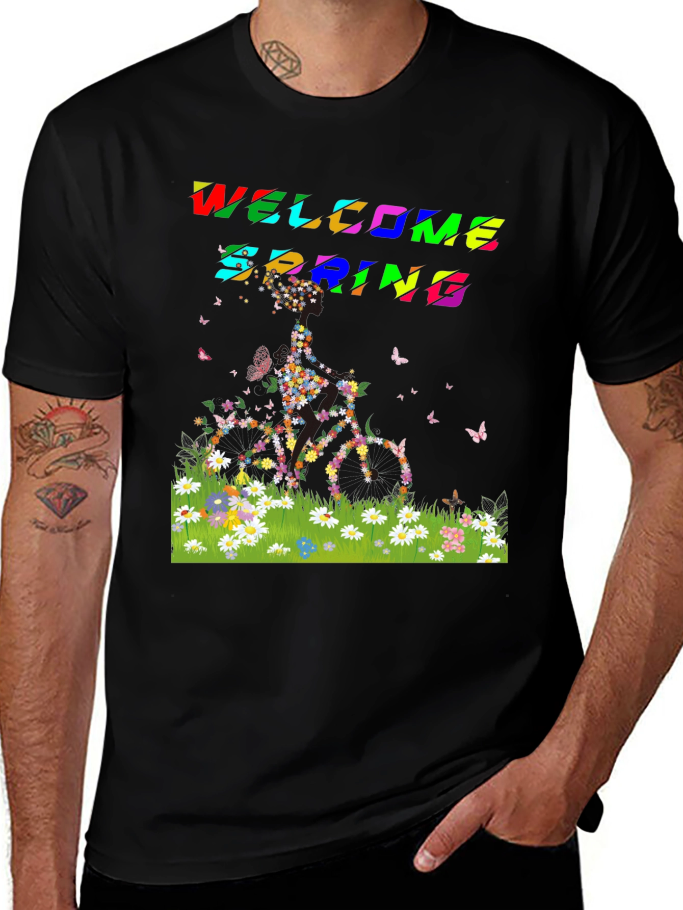 Variant 25 of Welcome Spring Bike Flower T-Shirt - Black