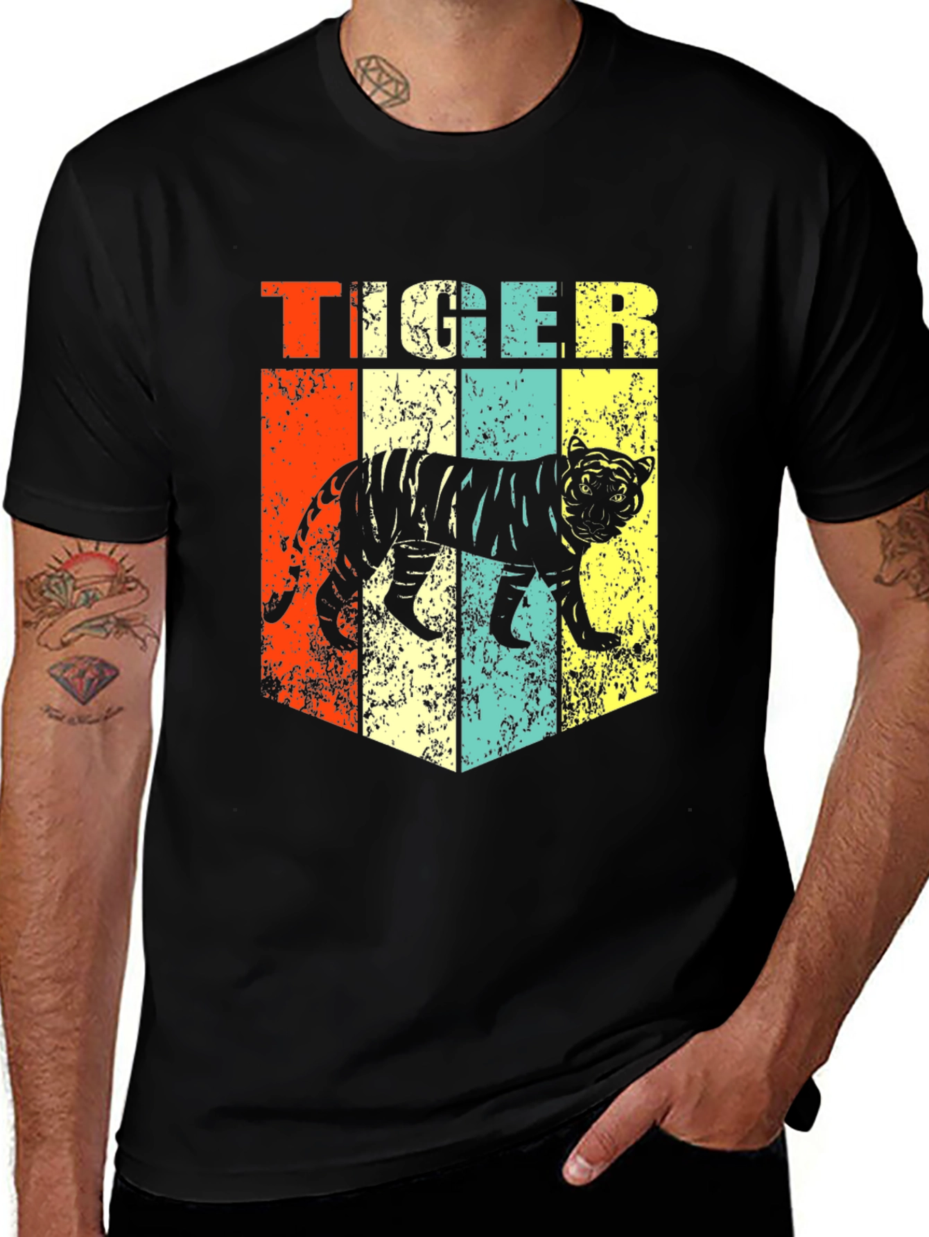 Variant 9 of Retro Tiger Graphic Print Men's Black T-Shirt