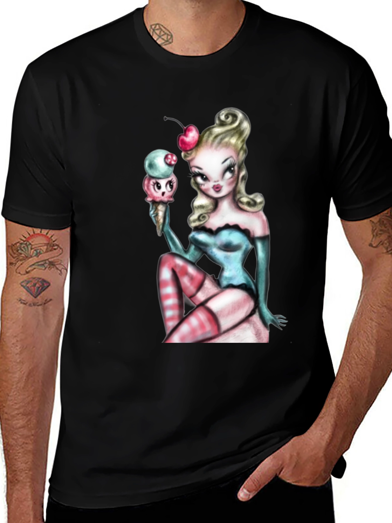 Variant 21 of Pin-Up Girl & Ice Cream Graphic T-Shirt - Black