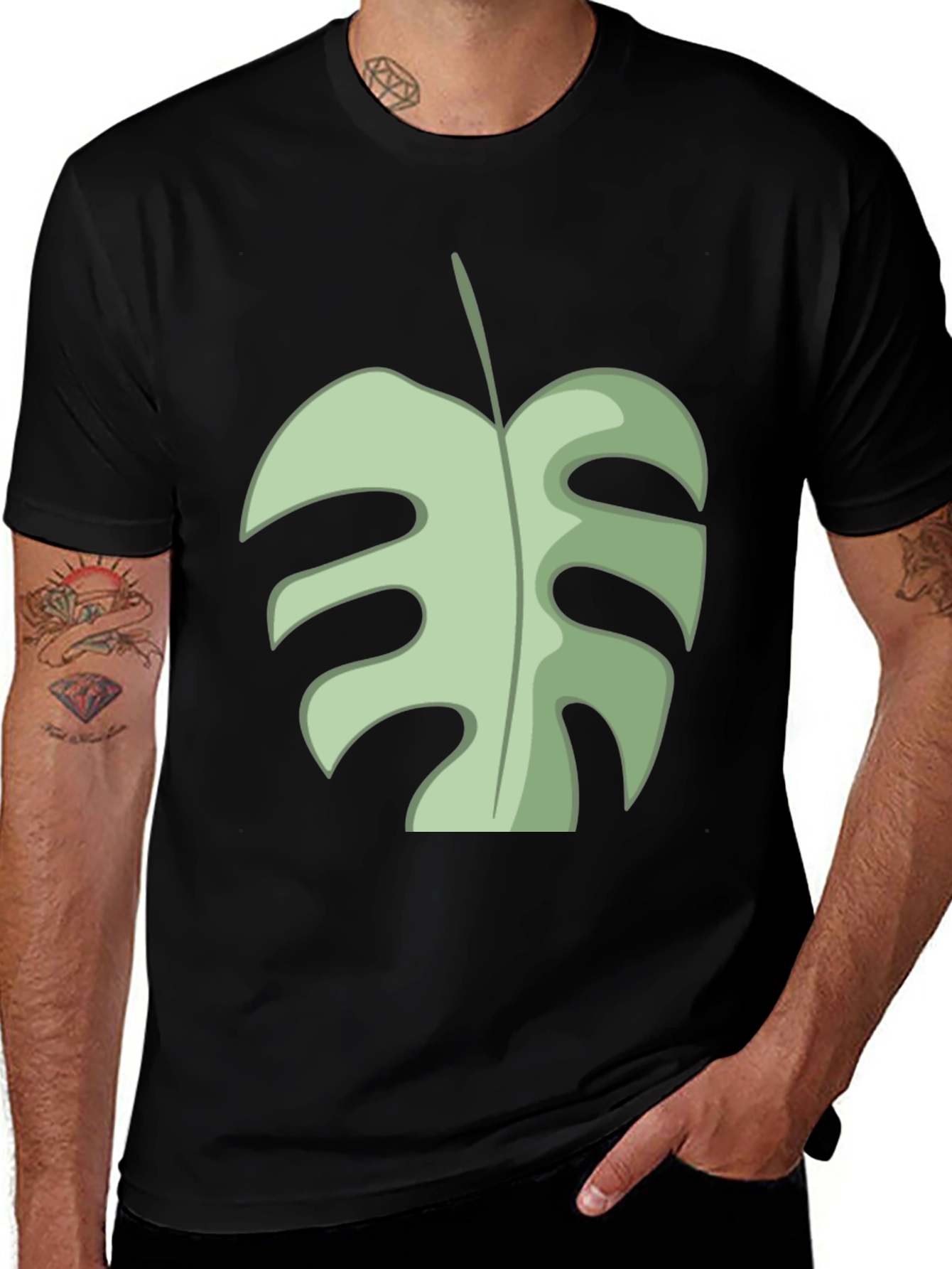 Variant 17 of Tropical Monstera Leaf Graphic Tee - Black Cotton