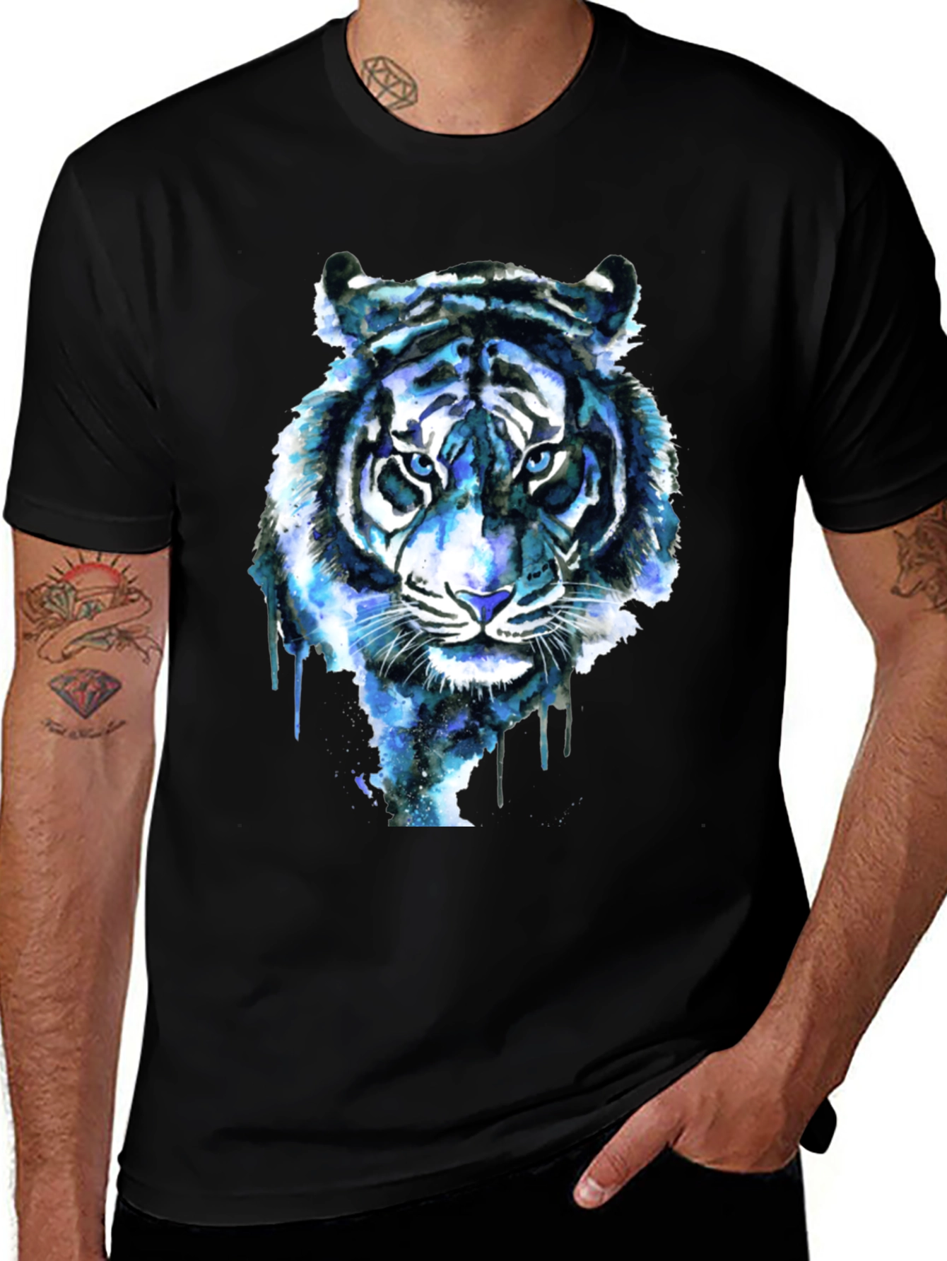 Black Blue Tiger Graphic Tee - Cool Watercolor Design main image