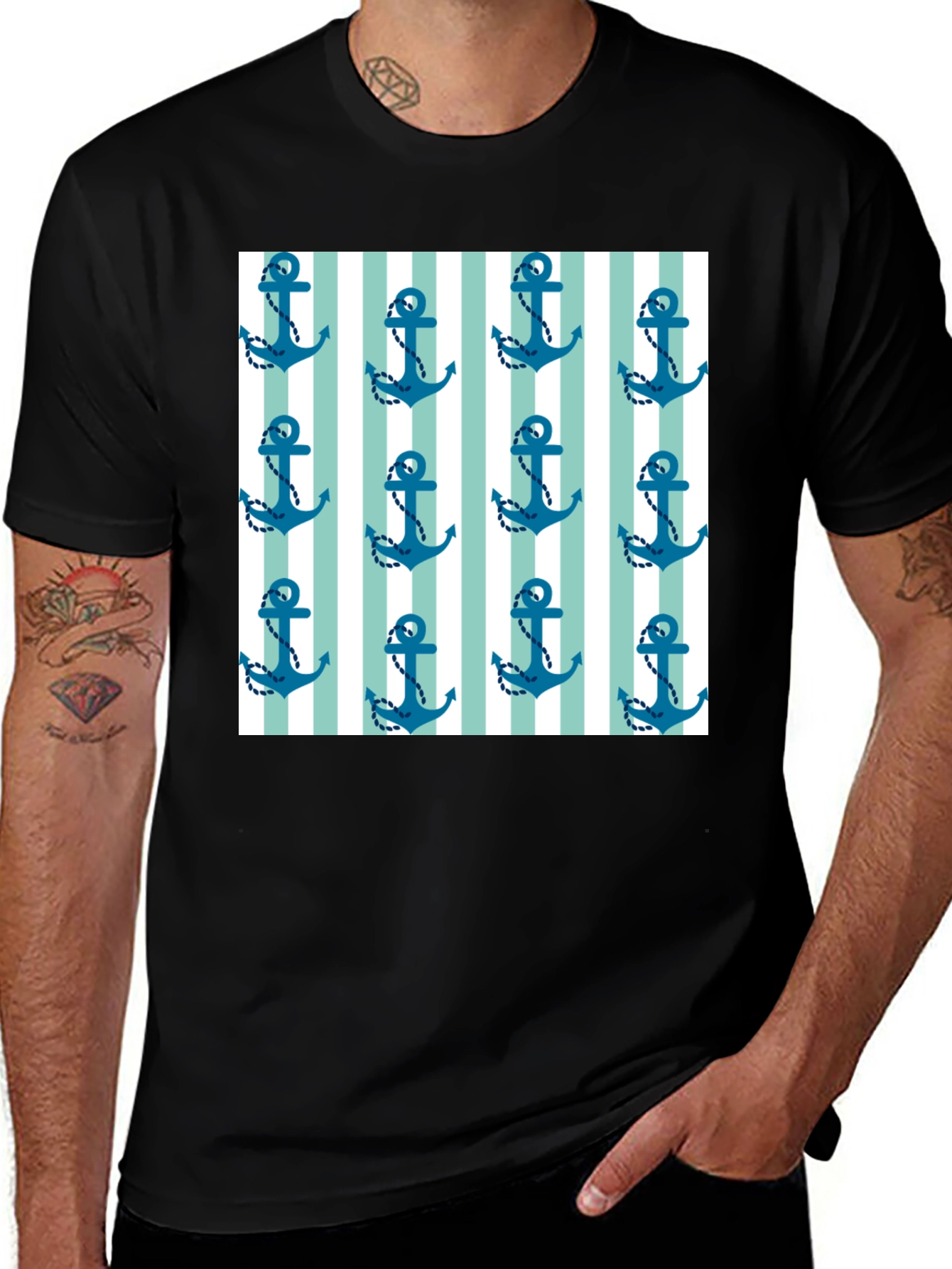 Variant 11 of Nautical Anchor Print Men's Black T-Shirt