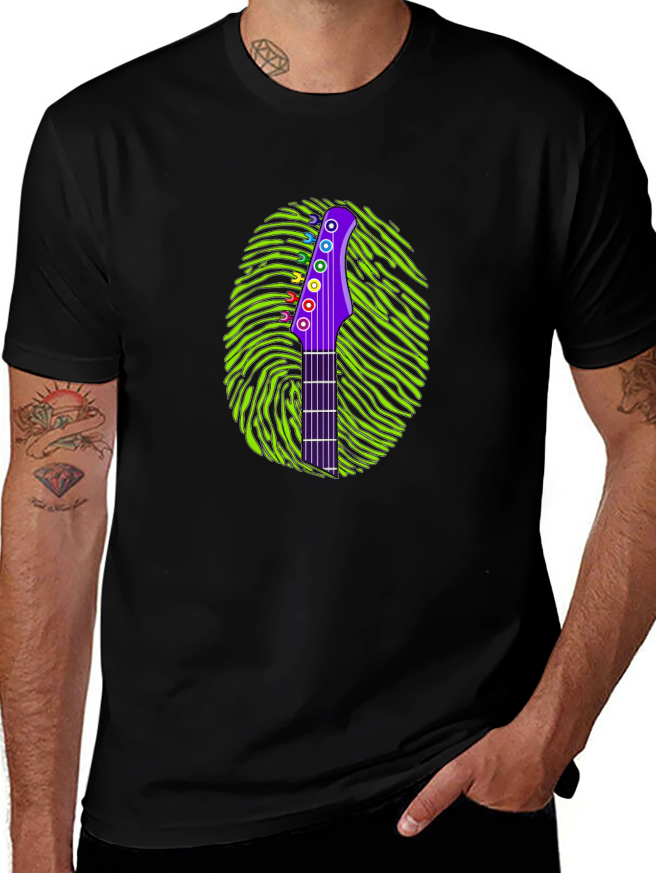 Variant 14 of Guitar Headstock Fingerprint Black T-Shirt