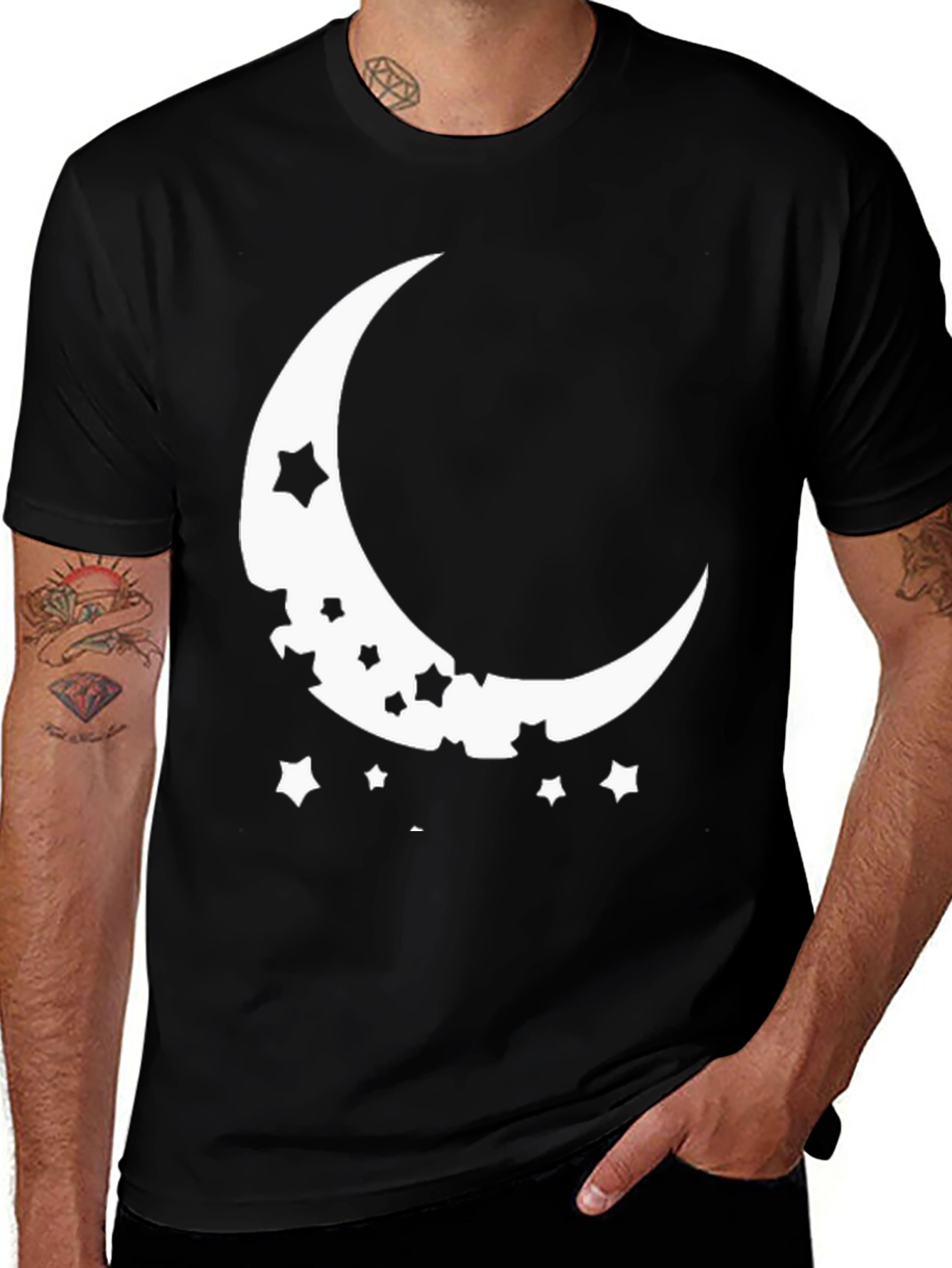 Variant 6 of Crescent Moon & Stars Graphic Tee - Black Cotton Casual T-Shirt