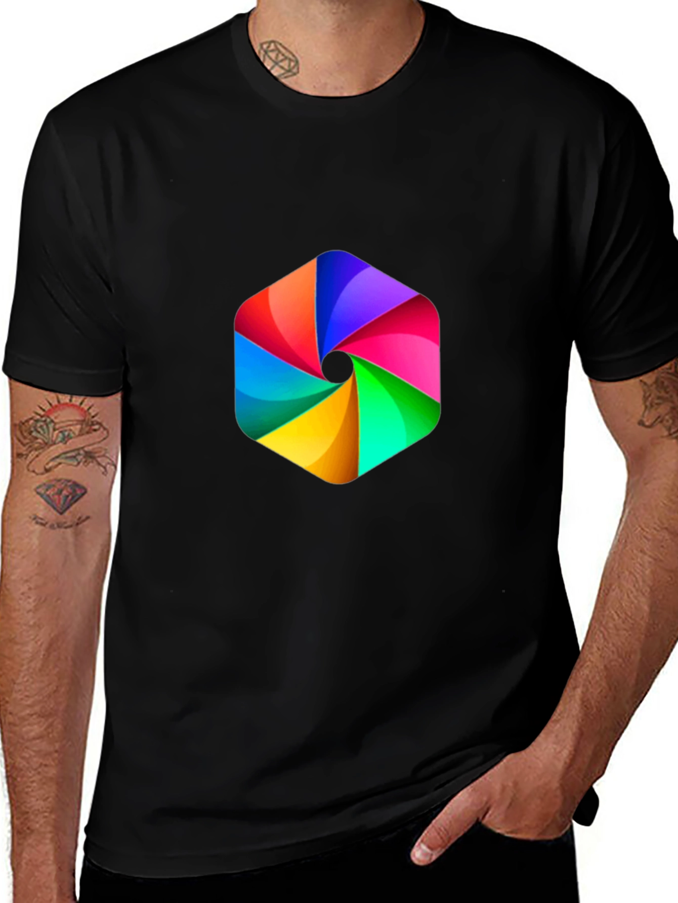 Variant 6 of Men's Black Tee with Rainbow Hexagon Graphic