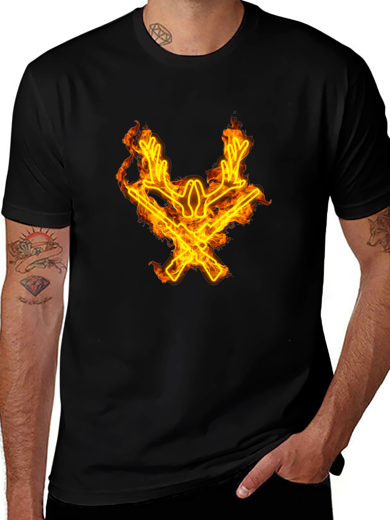 Variant 19 of Fiery Hunter T-Shirt: Flaming Stag & Rifles Design