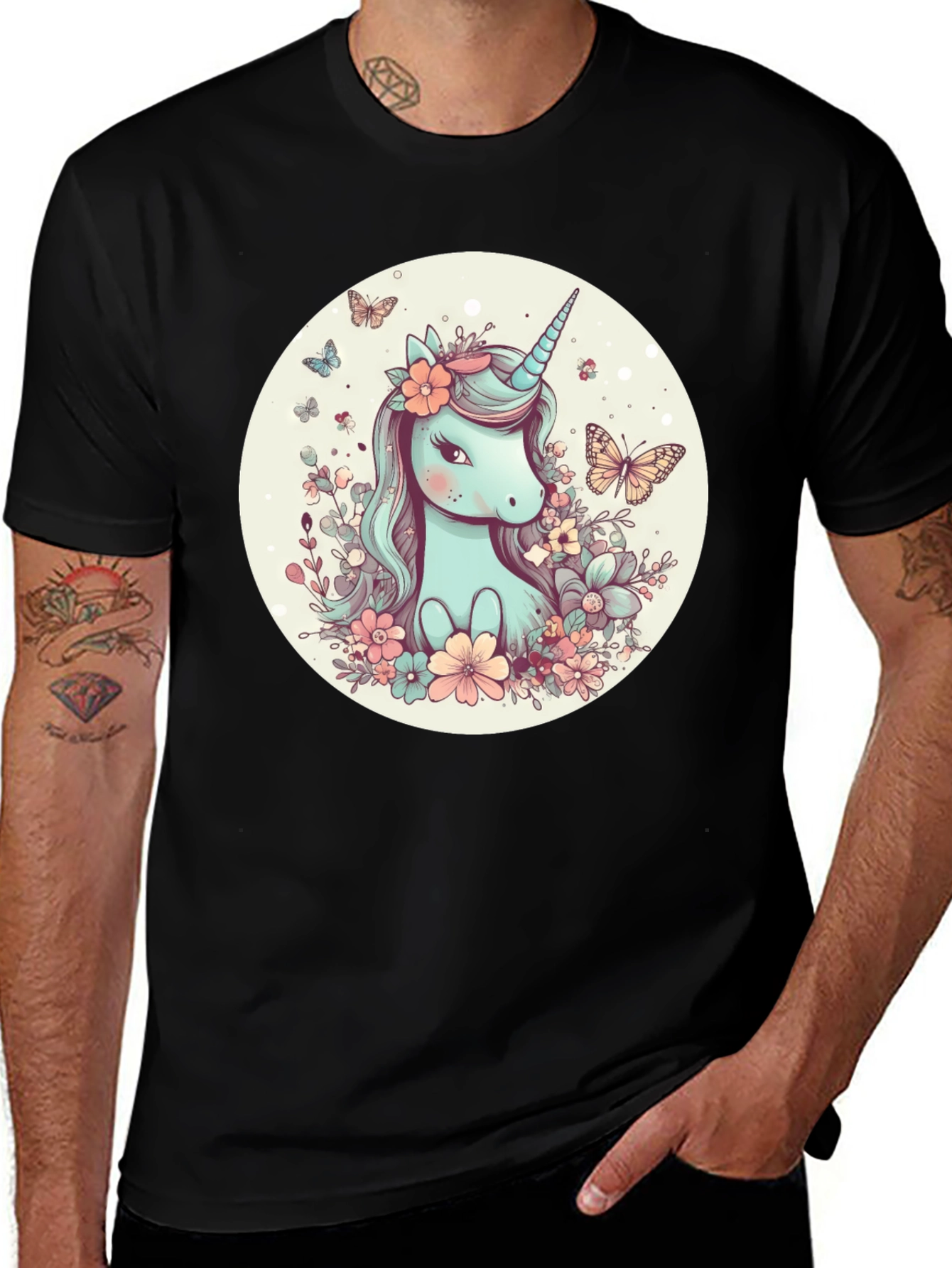 Unicorn Floral Graphic Tee - Black Cotton T-Shirt