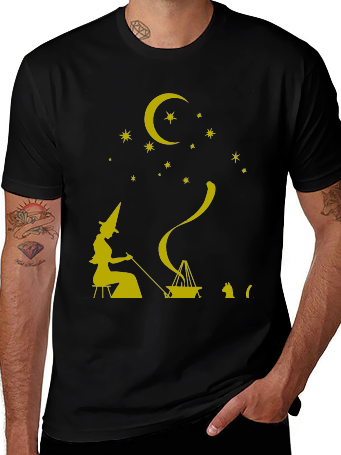 Variant 3 of Whimsical Witch & Cat Graphic Tee - Unisex Black T-Shirt