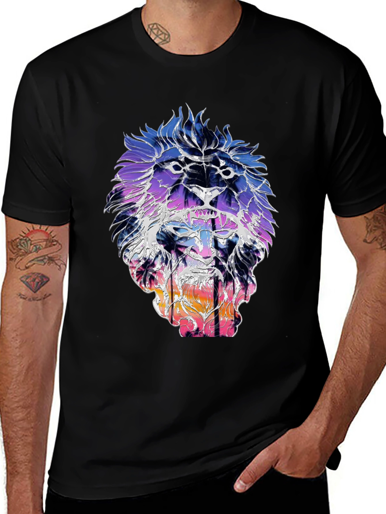 Variant 27 of Lion Sunset Graphic Tee - Trendy Men's Black T-Shirt