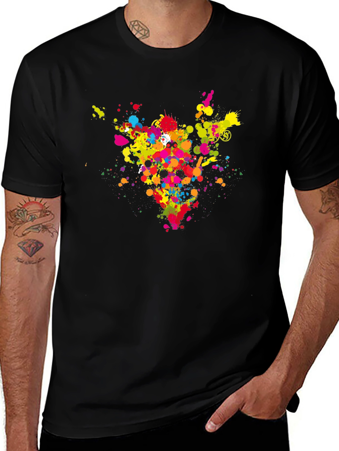 Variant 18 of Men's Black Tee with Abstract Colorful Paint Splatter Design