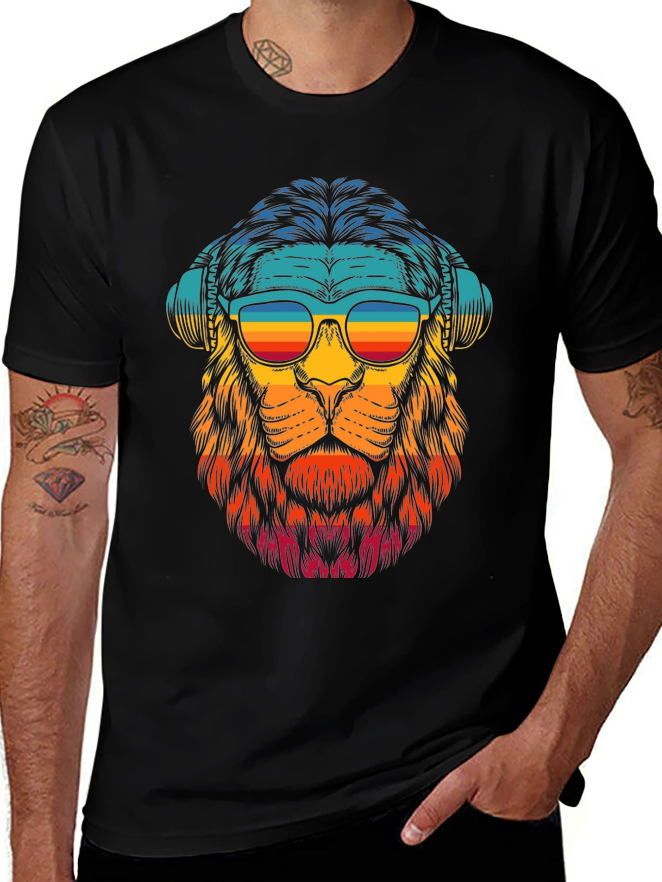 Variant 21 of Retro Lion Graphic Tee - Black Cotton Blend