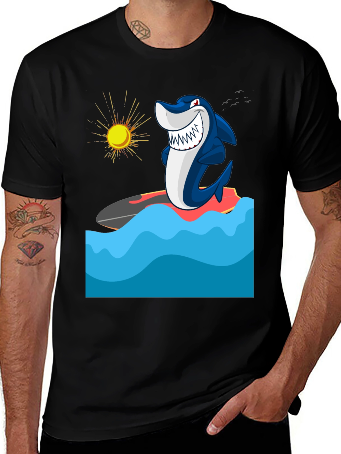 Variant 20 of Surfing Shark Graphic Tee - Black Cotton T-Shirt