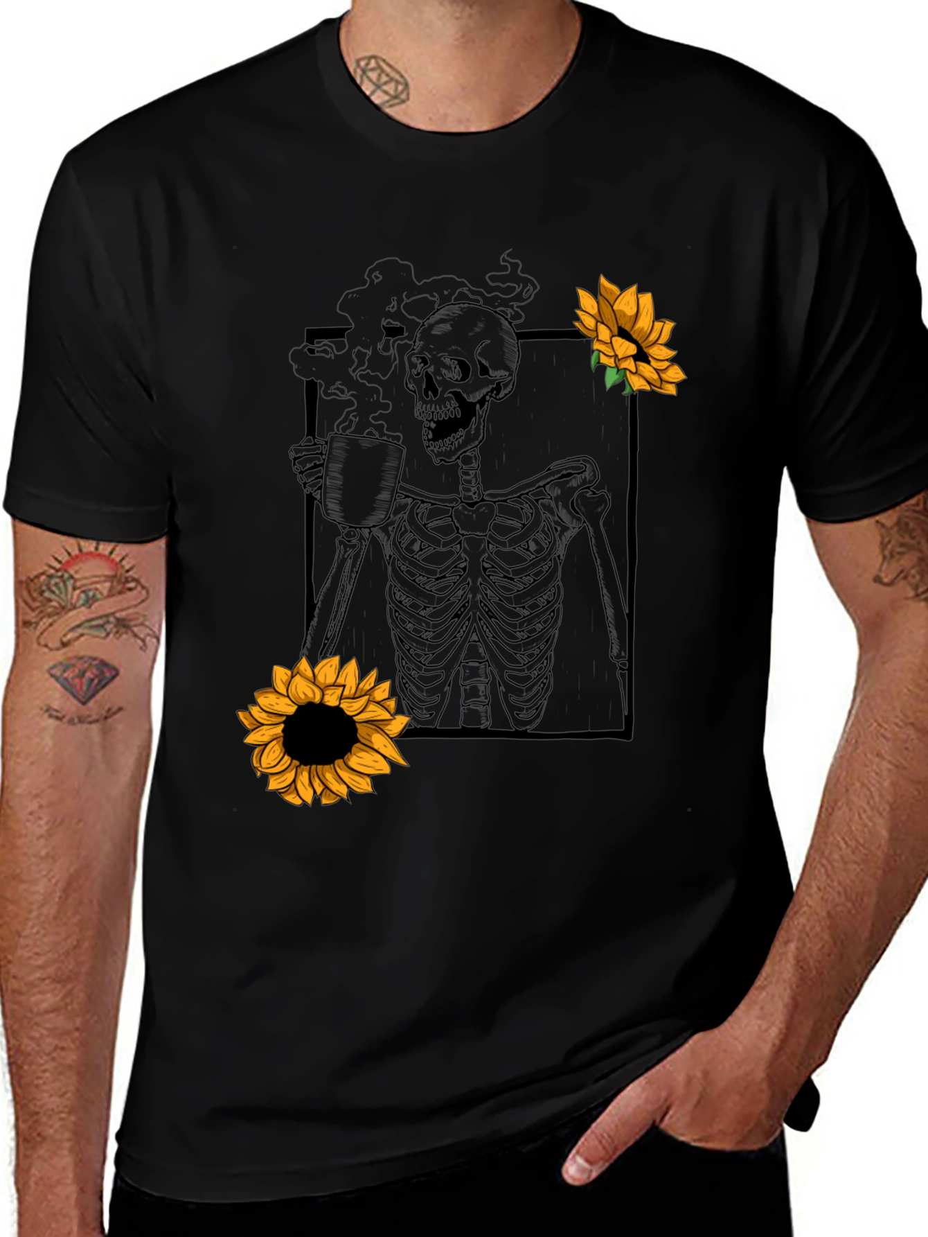 Variant 23 of Skeleton Coffee T-Shirt with Sunflowers - Unique Graphic Tee