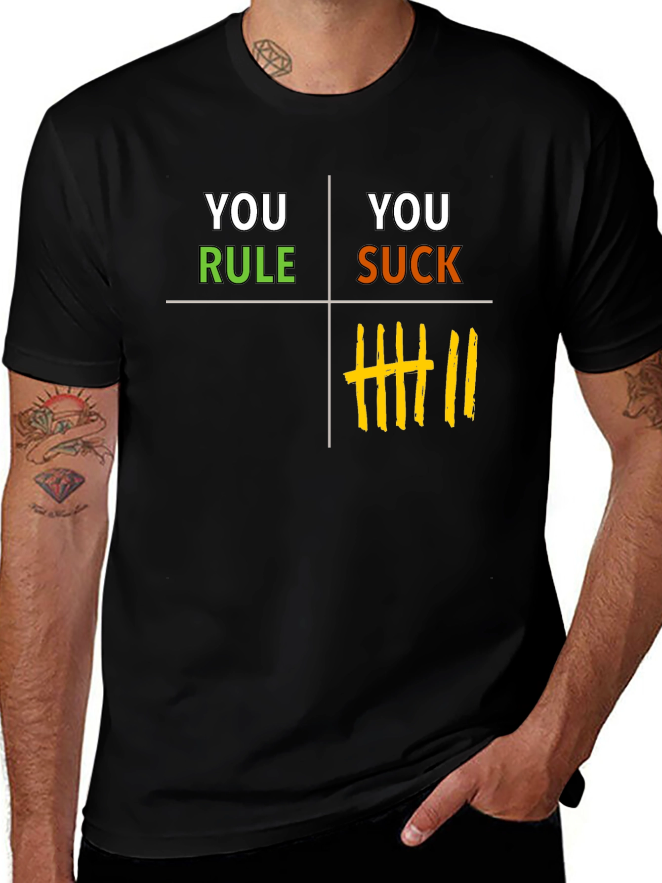 Variant 23 of You Rule/Suck T-Shirt: Black Crew Neck Tee with Funny Graphic