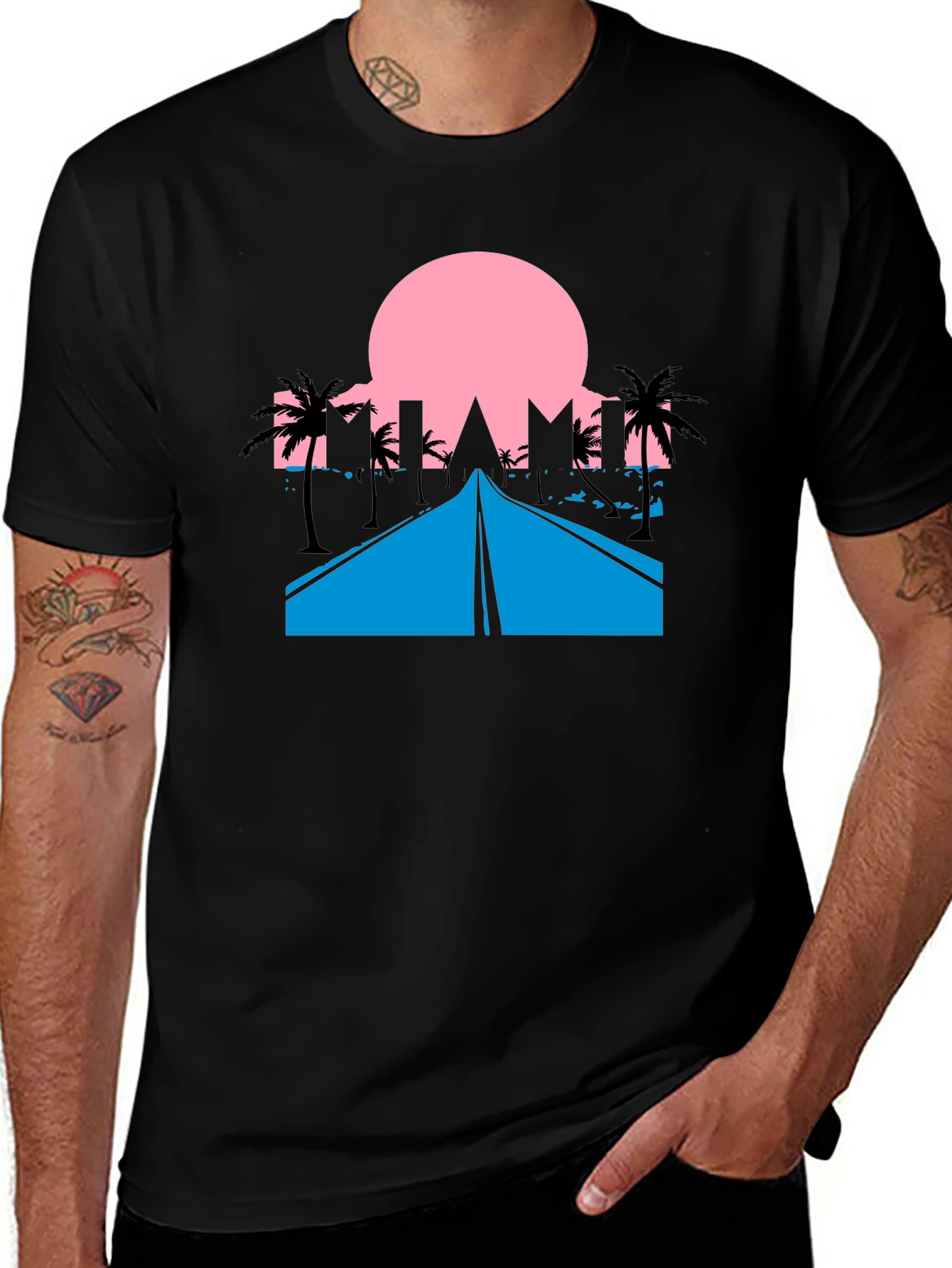 Variant 11 of Miami Vice Style Graphic Tee - Retro Road & Palms Design