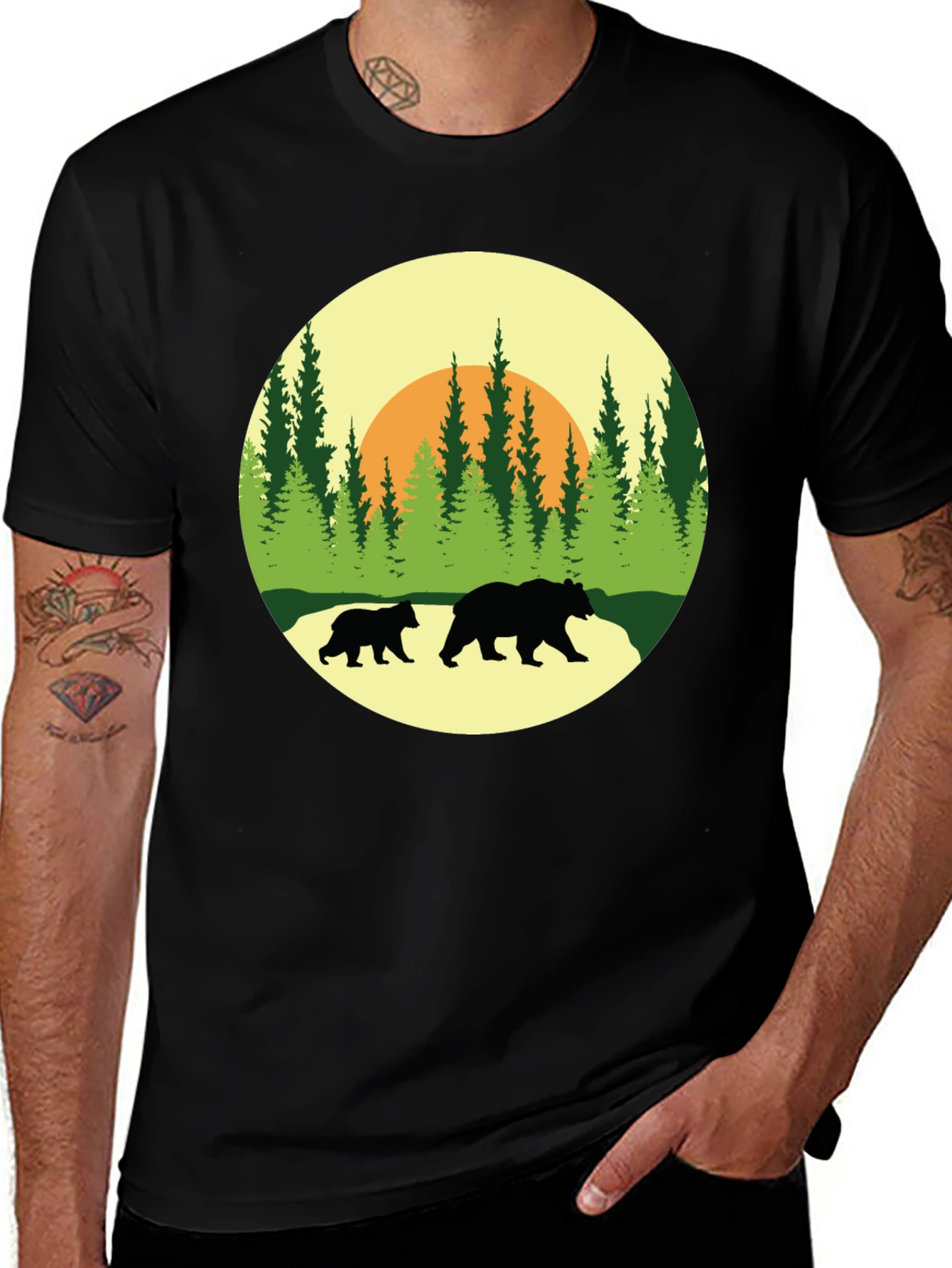 Variant 25 of Bear Family Forest Graphic Tee - Black Cotton Shirt