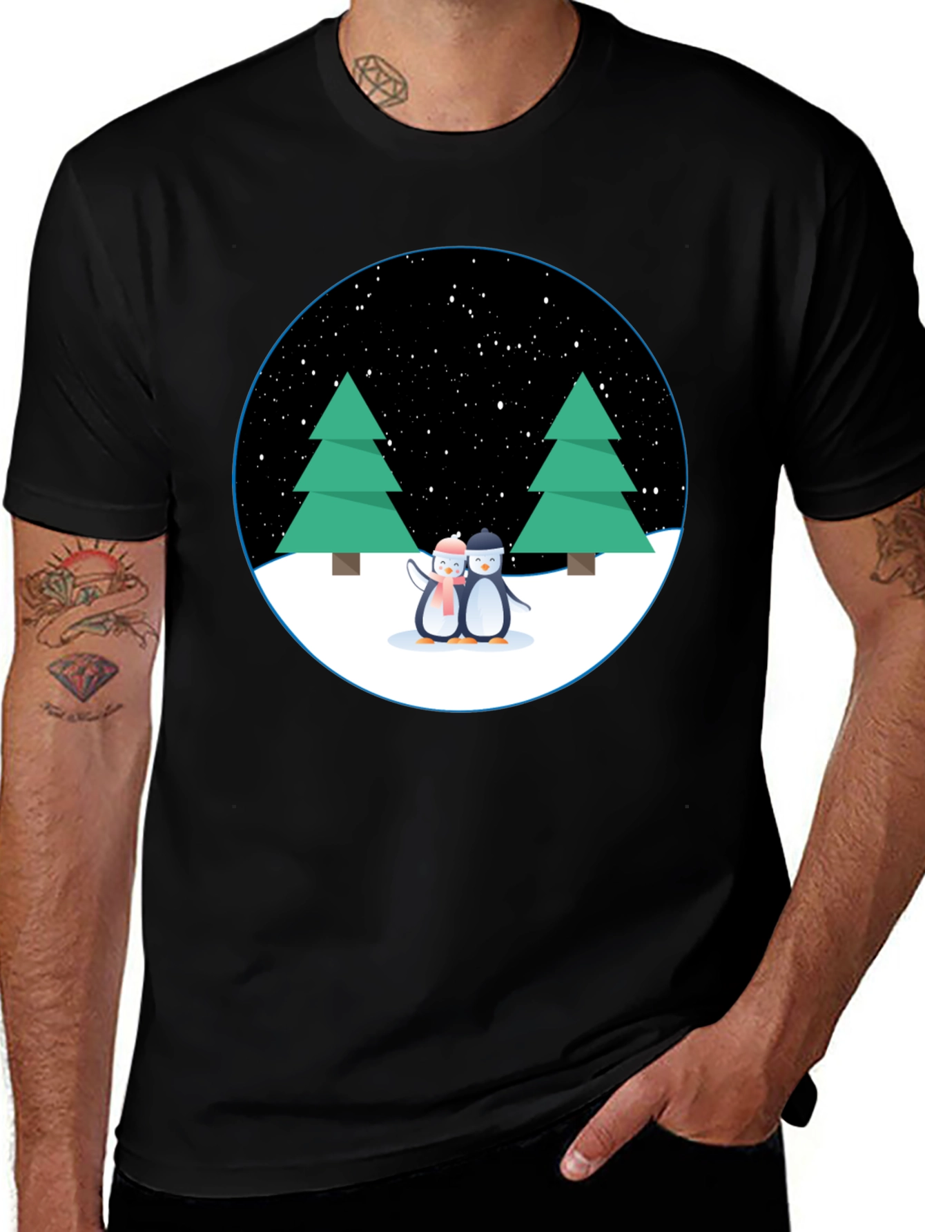 Black Penguin Winter Scene Black T-Shirt main image