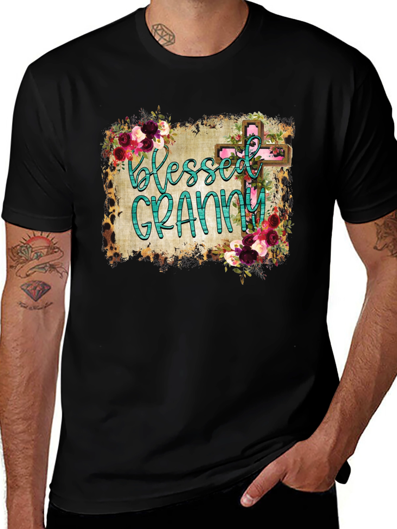 Variant 30 of Blessed Granny Graphic Tee - Floral Cross Design