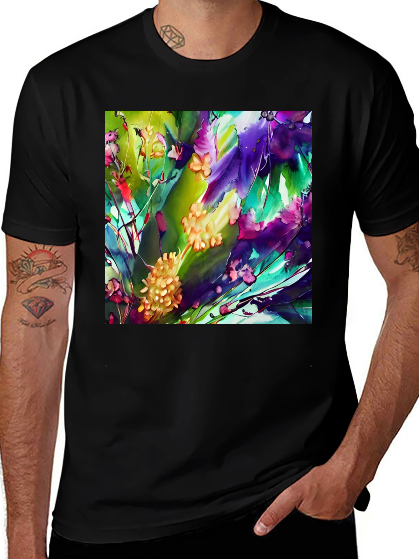 Variant 29 of Abstract Floral Print Black T-Shirt - Artistic Style