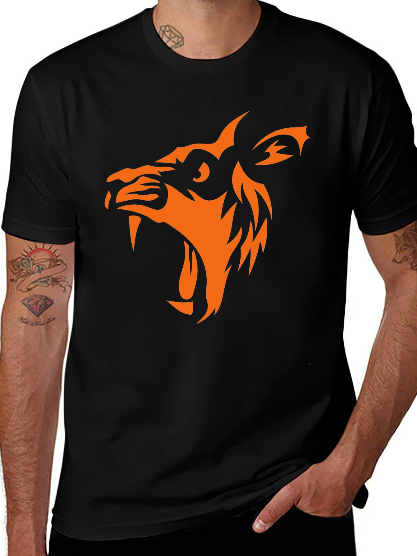 Variant 27 of Black T-Shirt with Orange Wolf Graphic