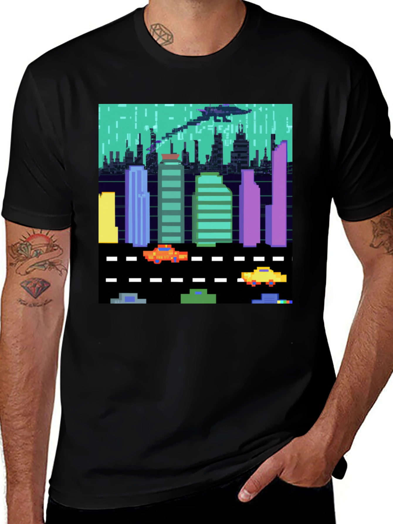 Variant 28 of Retro 8-Bit City T-Shirt - Pixel Art UFO Attack