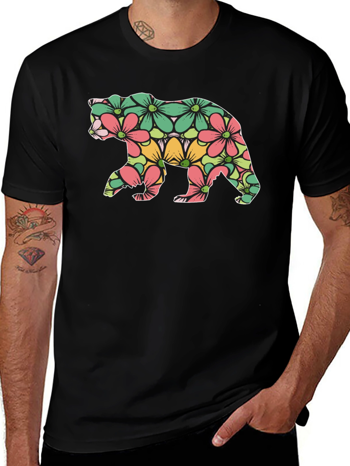 Floral Bear Graphic Tee - Stylish Men's Black T-Shirt