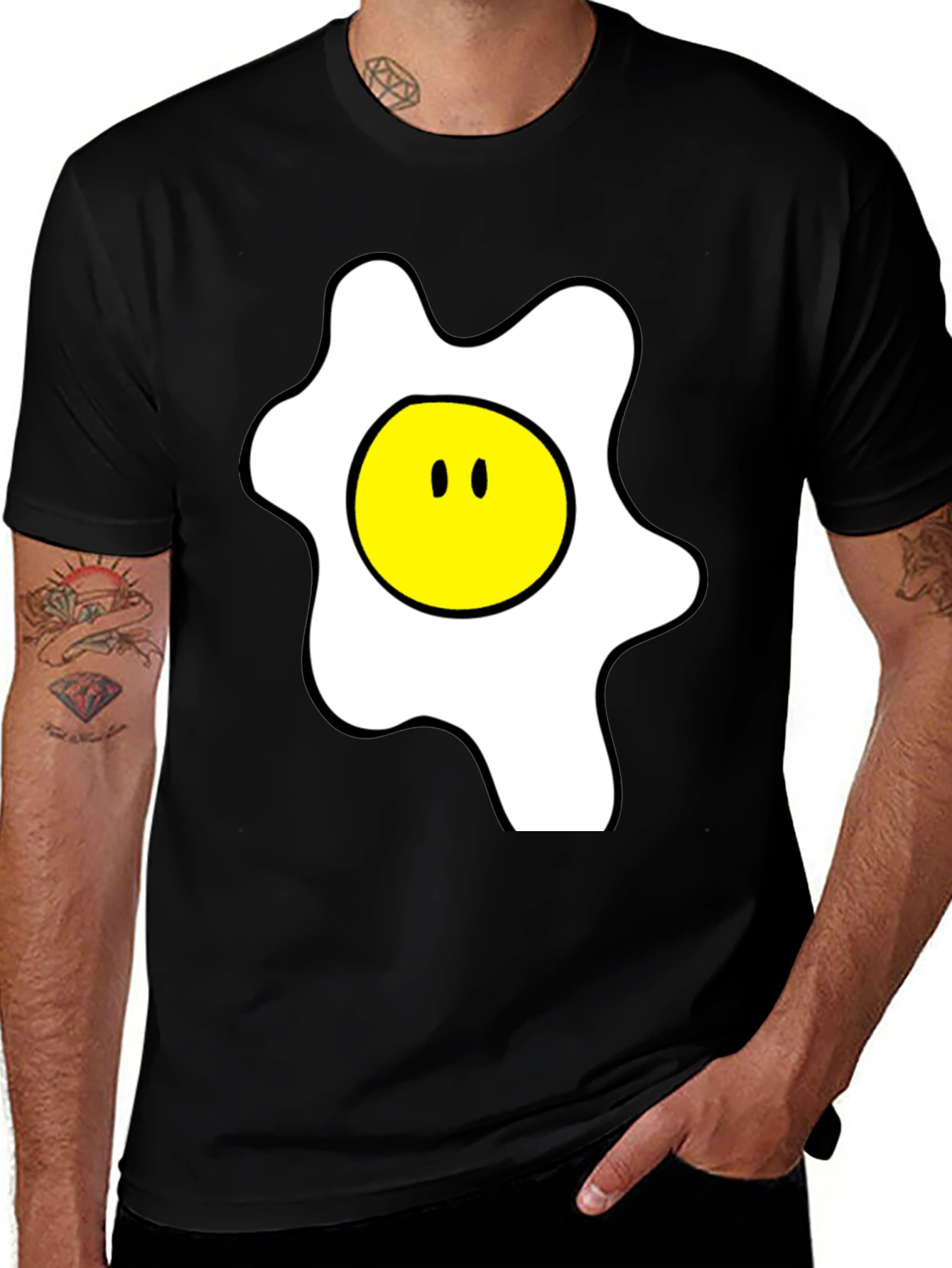 Variant 15 of Funny Cartoon Fried Egg Graphic Black T-Shirt