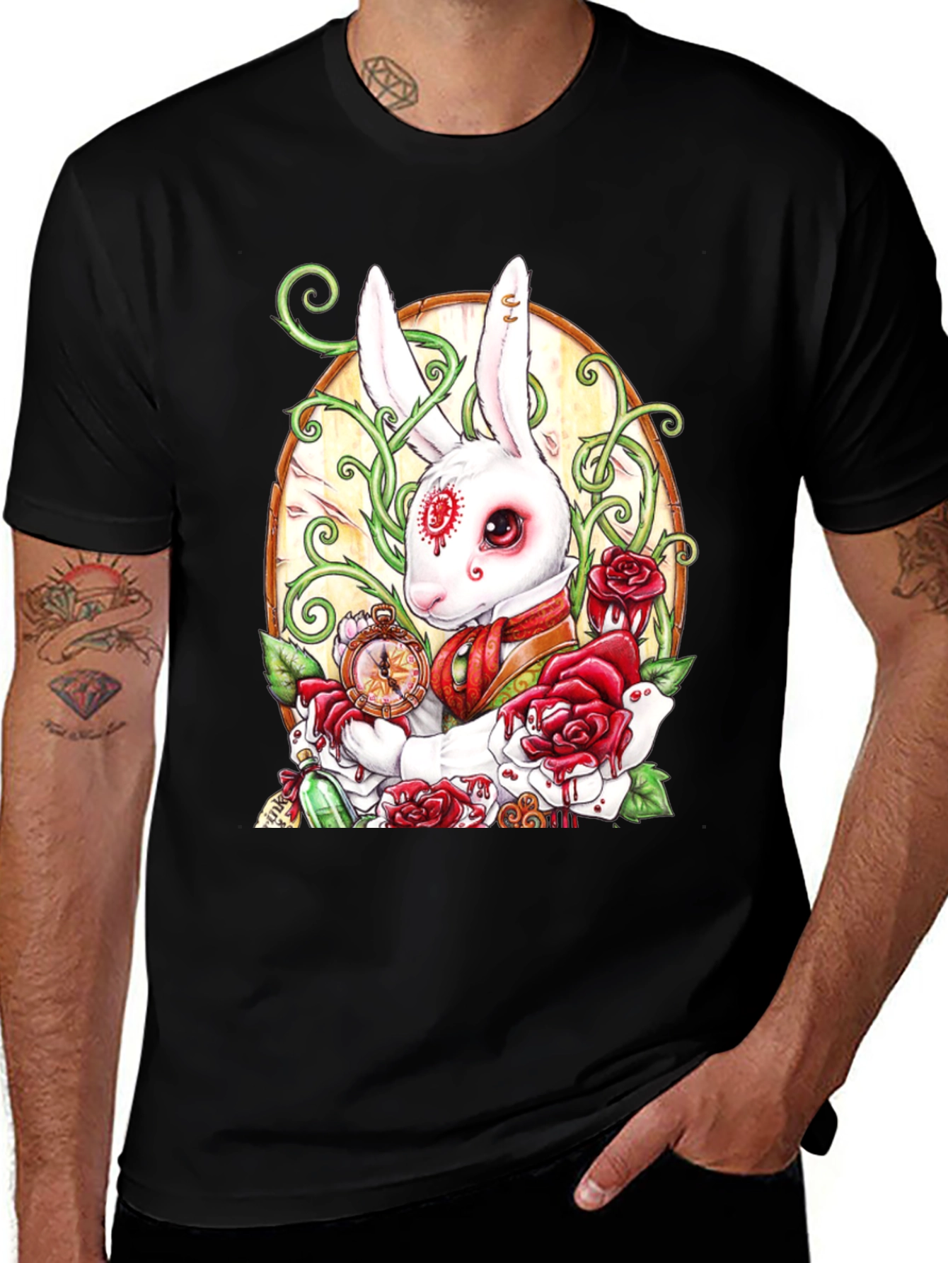 Variant 28 of White Rabbit With Clock Graphic Print Black T-Shirt