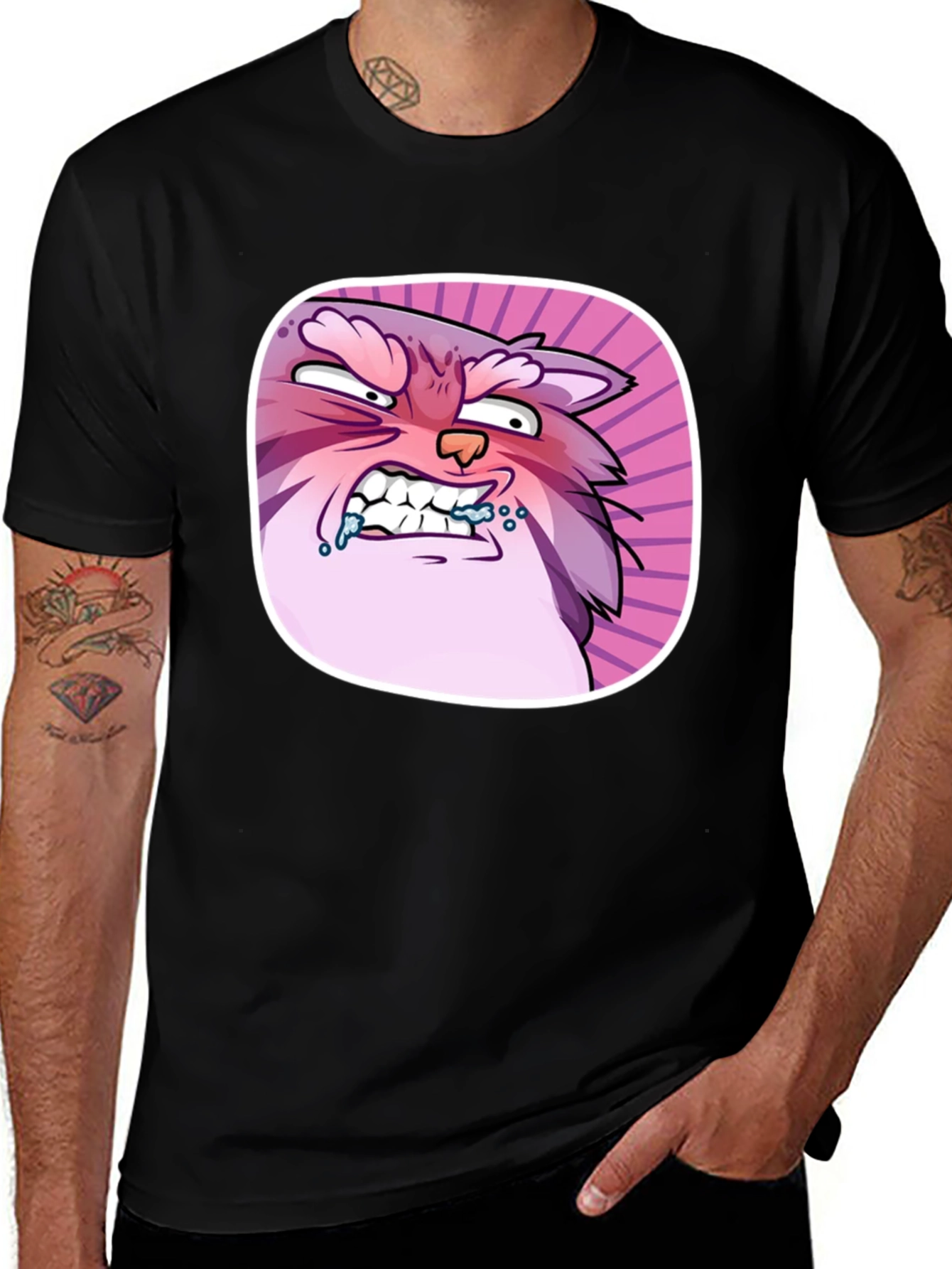 Variant 24 of Funny Angry Cartoon Cat Graphic Black T-Shirt